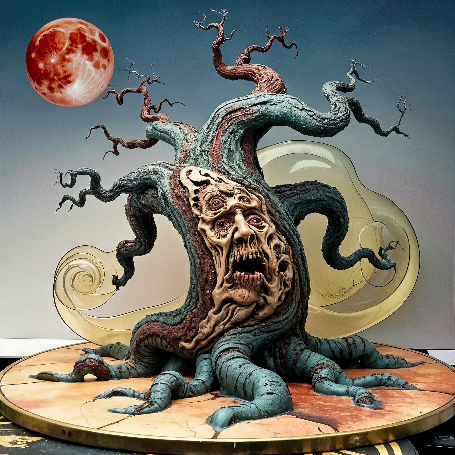 Twisted Tree with Grotesque Face and Red Moon Background