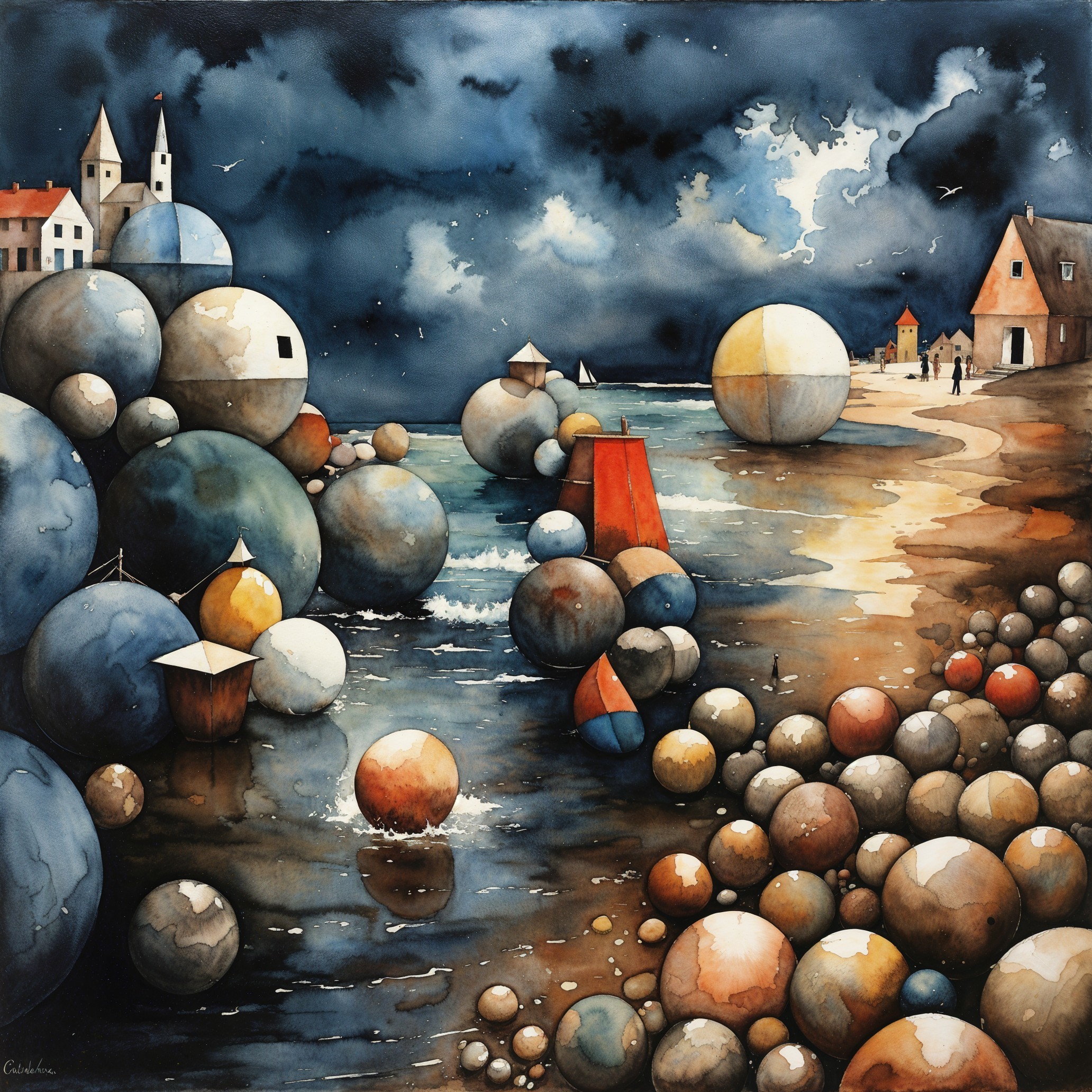 Surreal Coastal Scene with Colorful Spheres and Skies