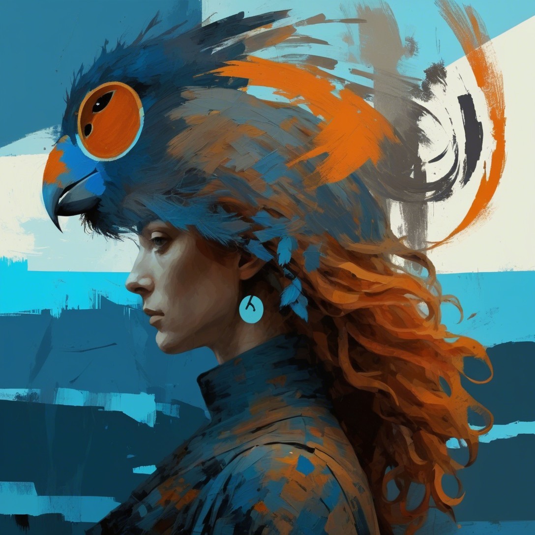Stylized portrait of a woman with red hair and headdress