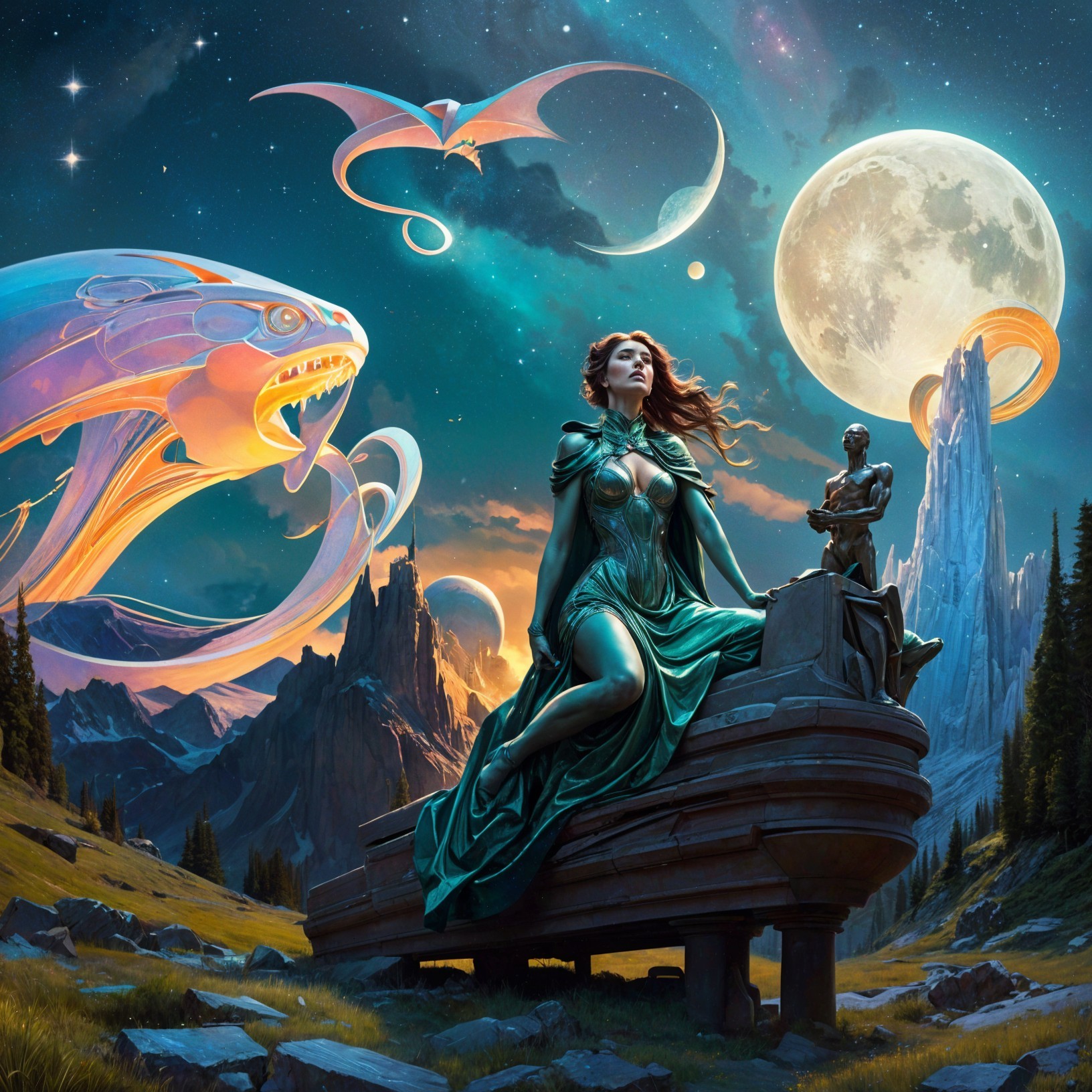 Mystical Scene with Woman in Green Gown and Celestial Elements