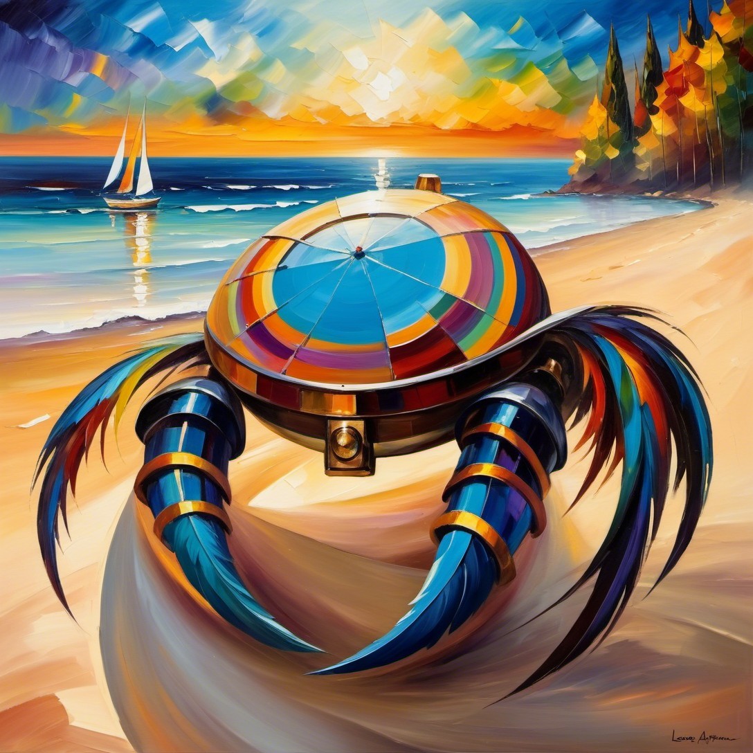 Surreal Painting of a Colorful Crab at Sunset Beach