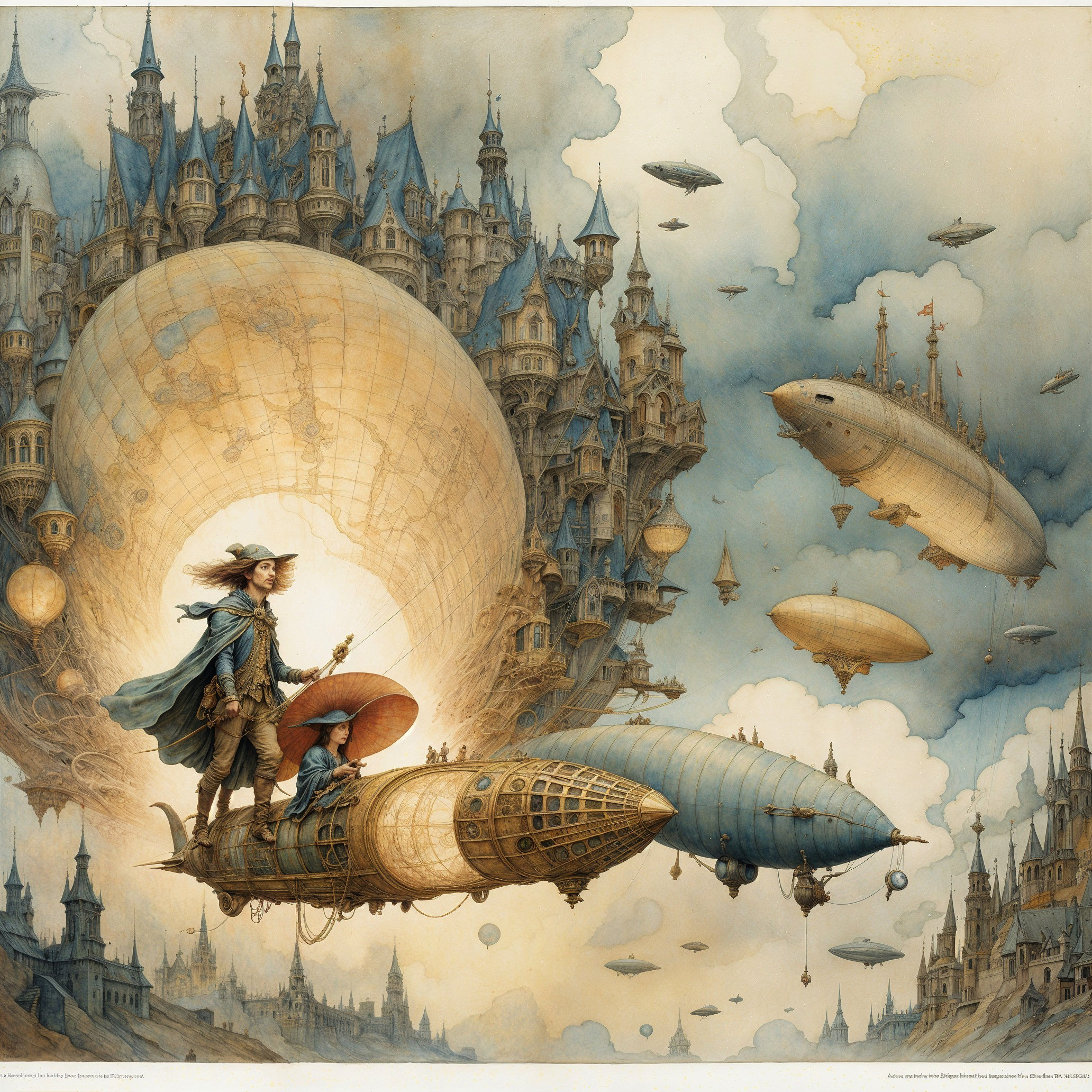 Whimsical Steampunk Airship Scene with Castles and Balloons