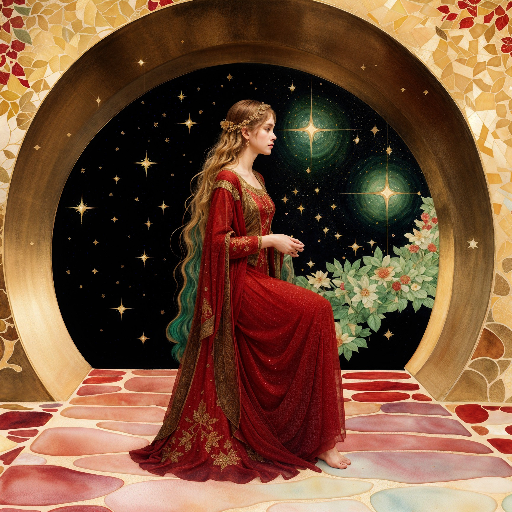 Elegant figure in red gown with starry backdrop