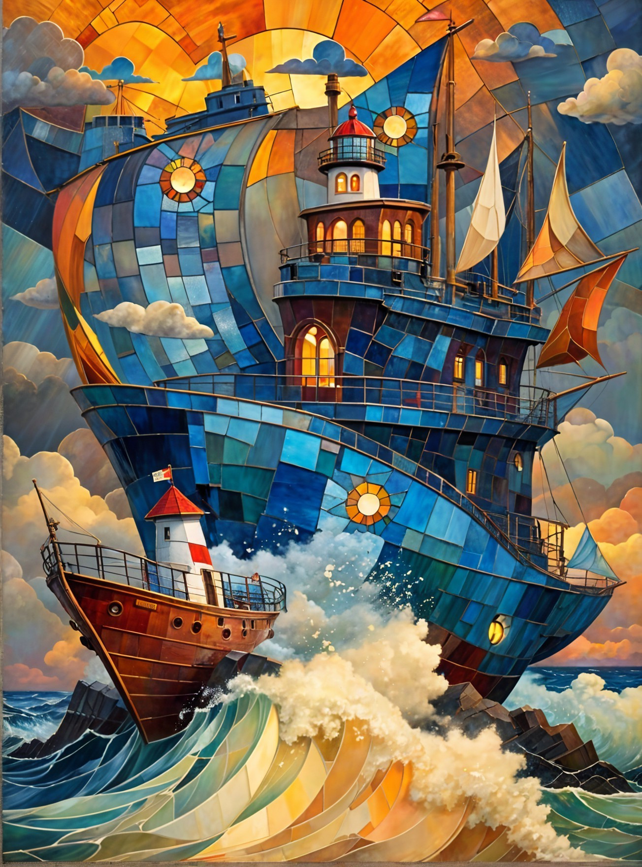 Surreal Ship in Mosaic Patterns Sailing Turbulent Waves