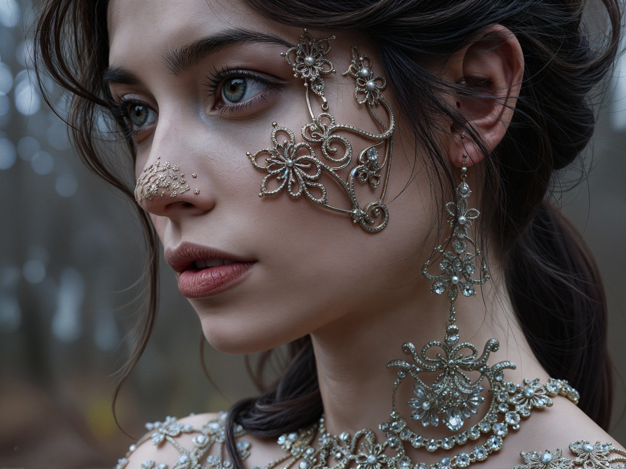 Close-Up Portrait of a Woman with Golden Embellishments