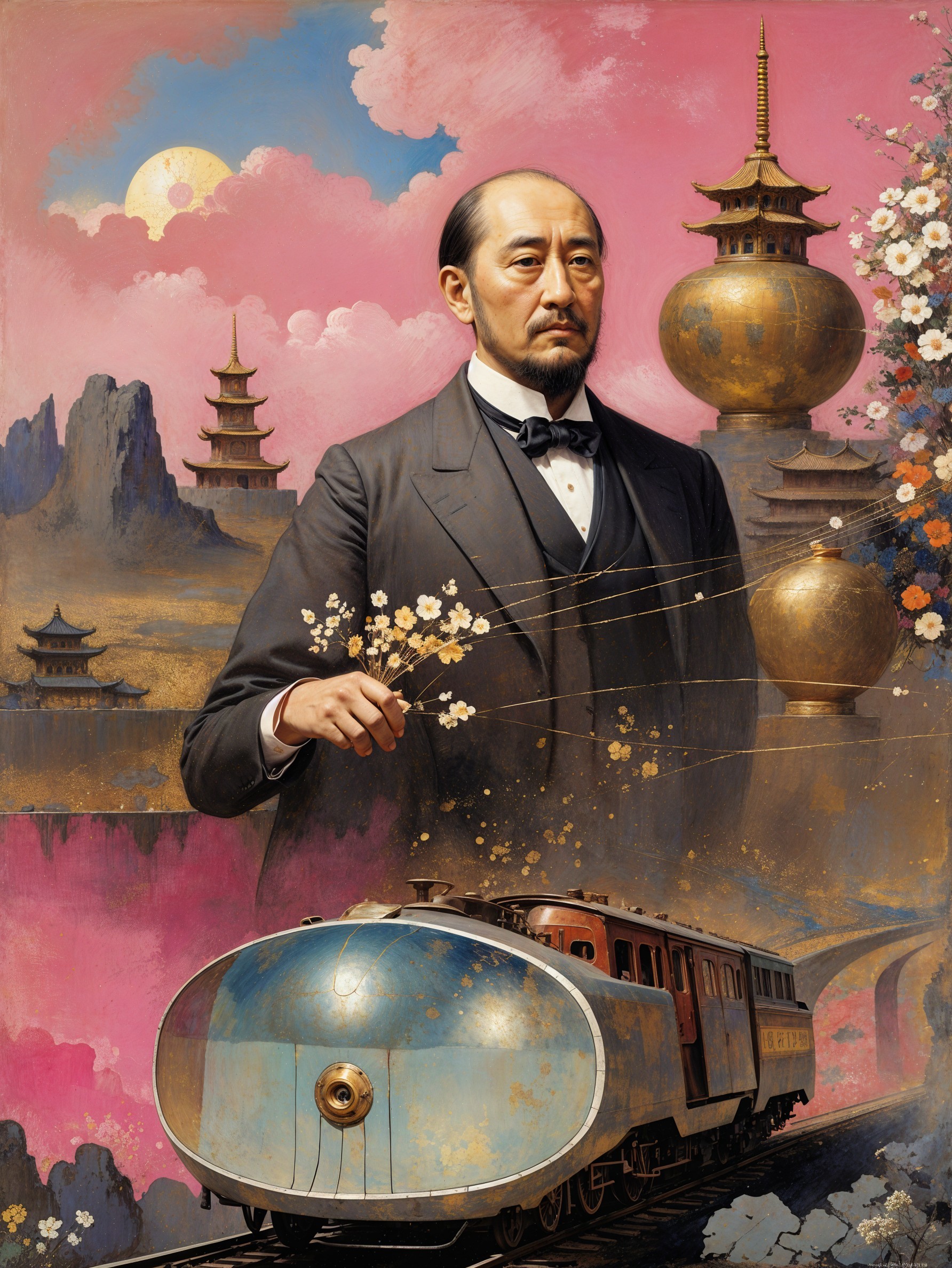 Man in Formal Attire with Flowers Against Pink Sky
