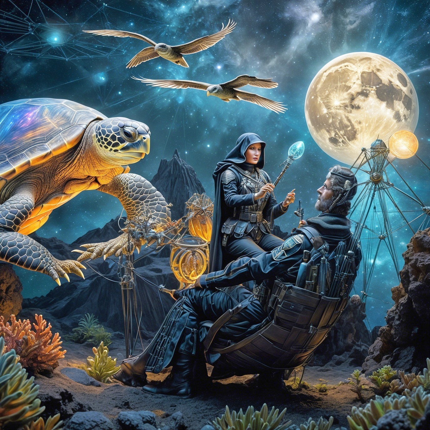 Mysterious figure on throne with glowing orb and wildlife