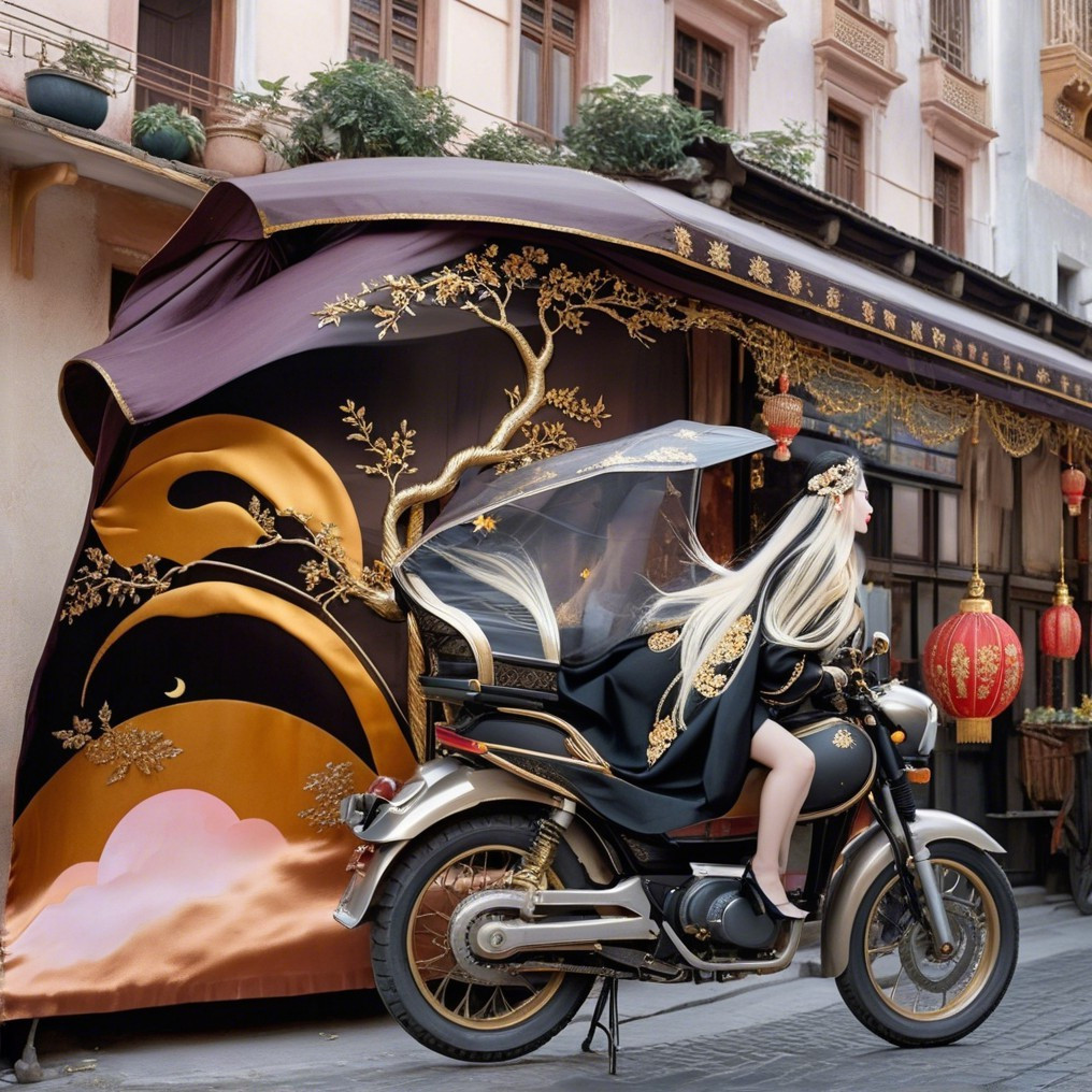 Elegant Woman on Vintage Motorcycle Under Decorative Awning