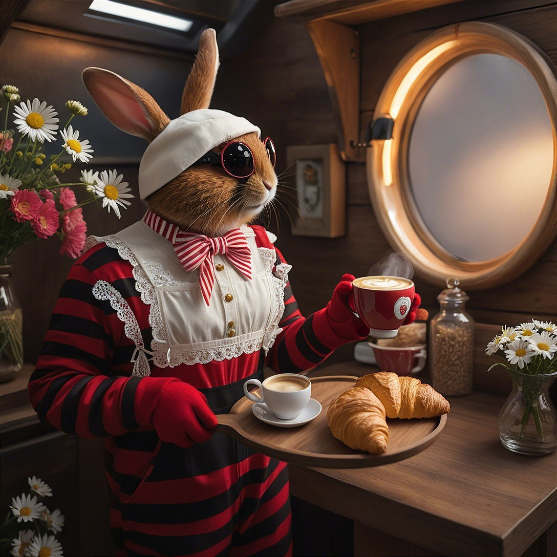 Whimsical Rabbit in Chef Outfit in Cozy Kitchen Scene