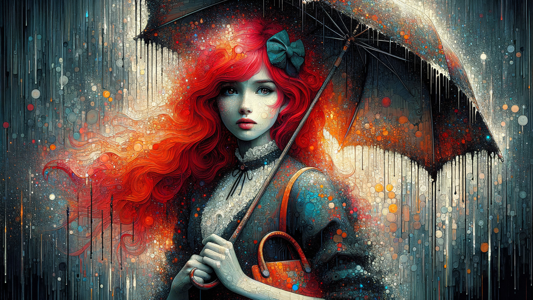 Young woman with red hair under colorful umbrella