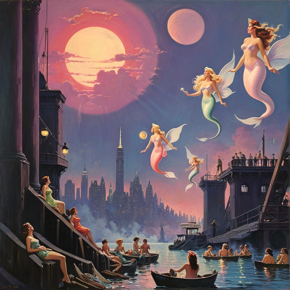 Mermaids Above a Cityscape at Dusk with Moons
