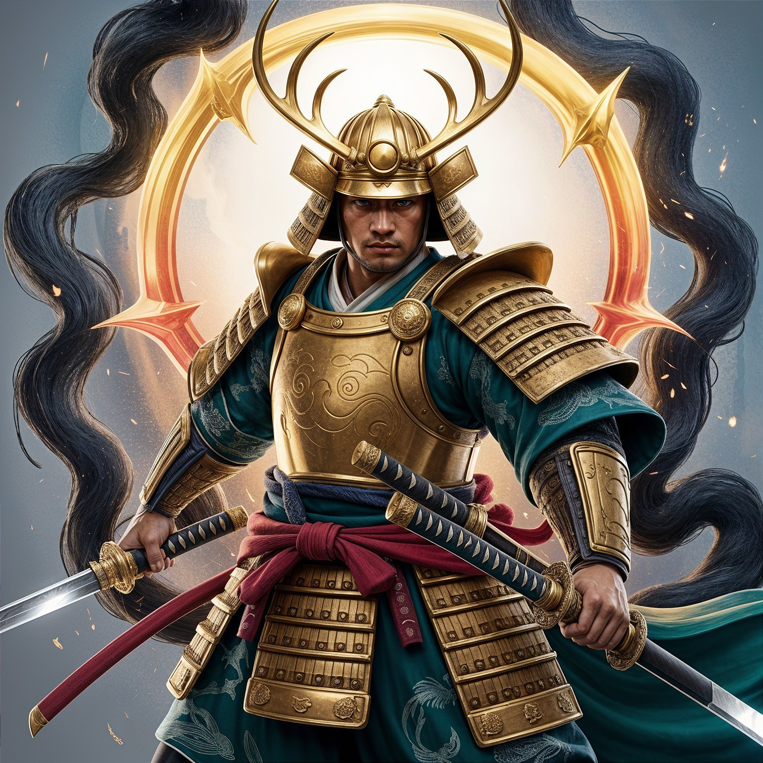 Fierce Samurai in Ornate Armor with Dual Swords