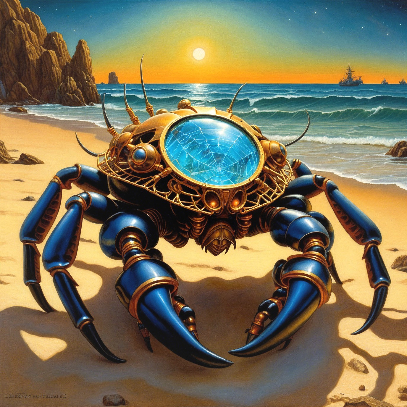 Futuristic Mechanical Crab on Sandy Beach at Sunset