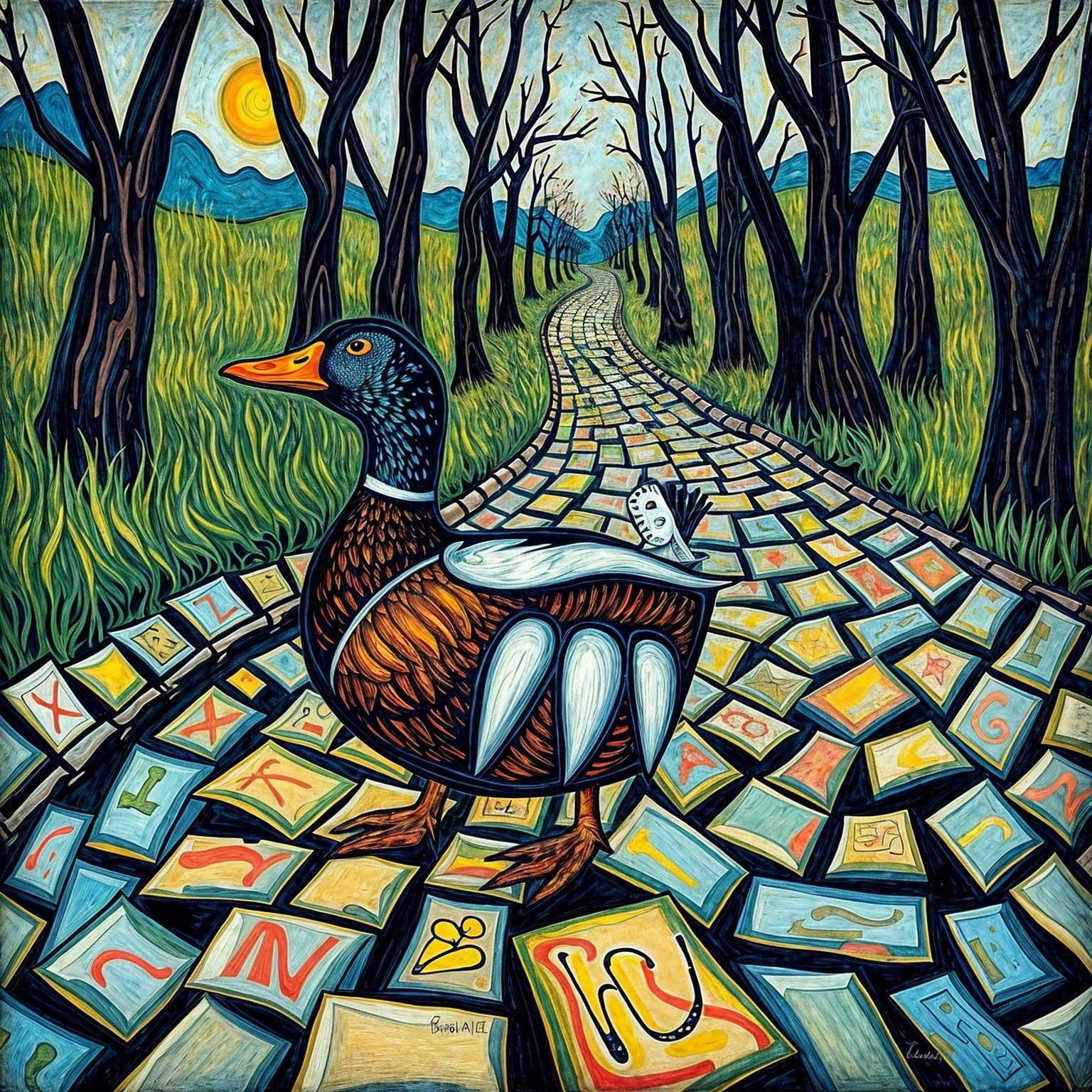 Whimsical landscape with a duck on a block path