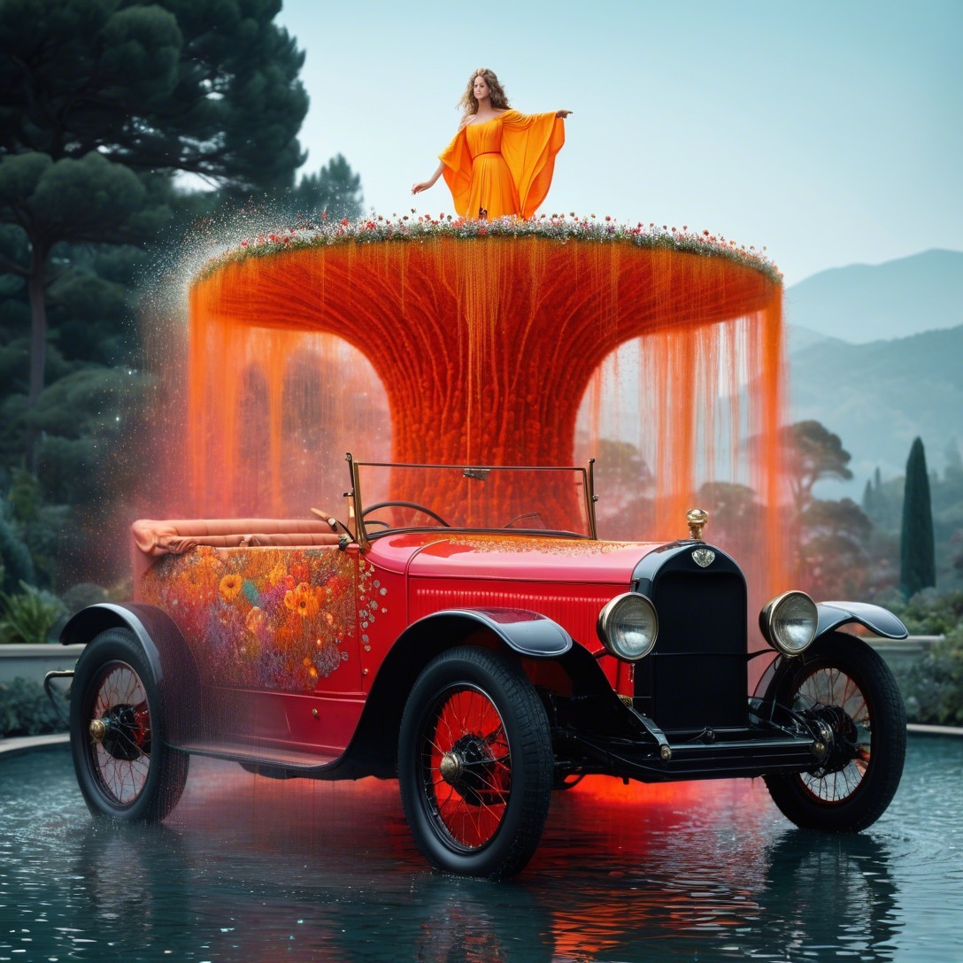 Vintage Red Car Surrounded by Flowers and Nature
