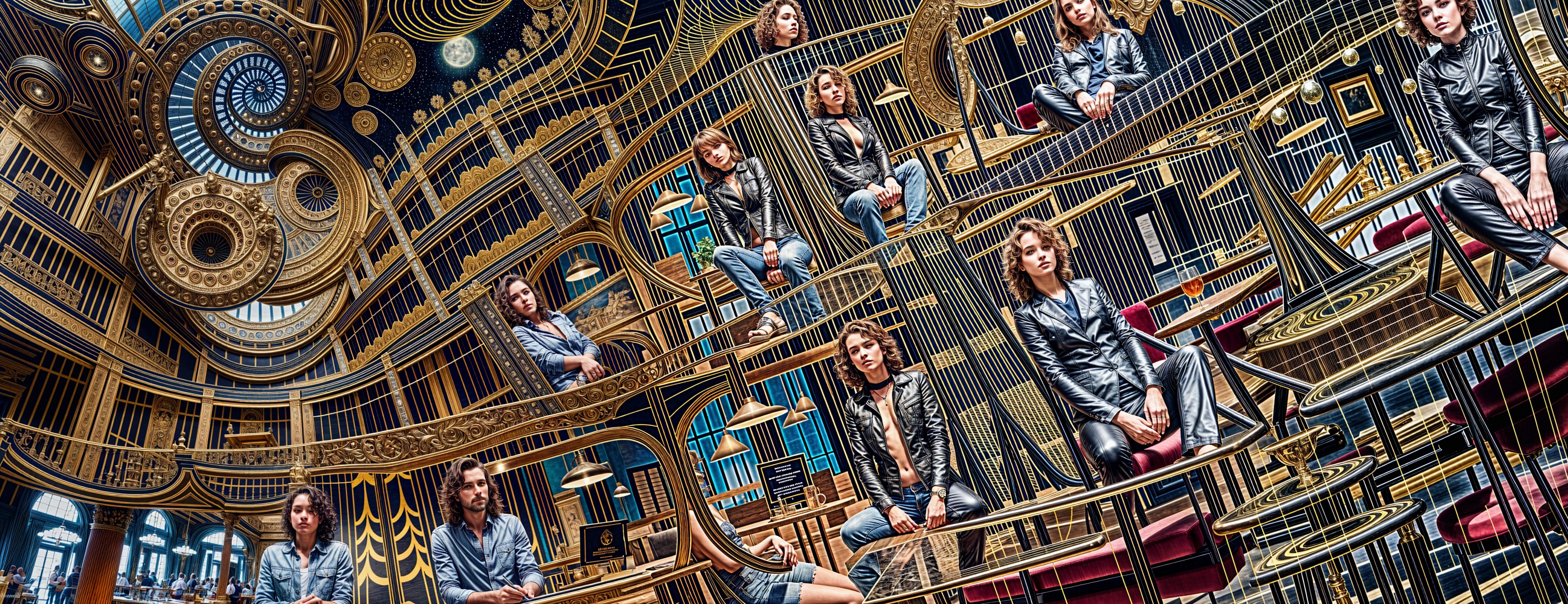 Surreal Library with Gold Accents and Reflections
