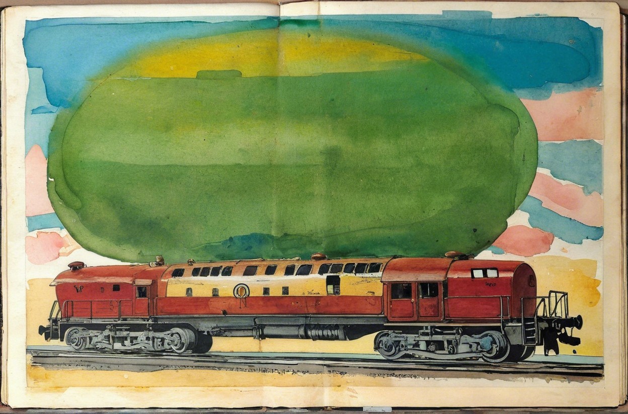 Vibrant Watercolor Painting of Train Engine and Sky