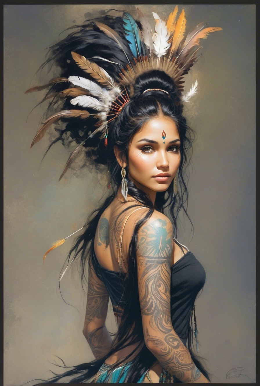 Portrait of a woman with feathers and intricate tattoos