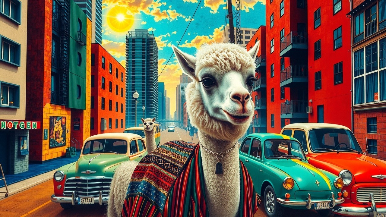 Llama in Colorful Blanket Amidst Vintage Cars and Buildings