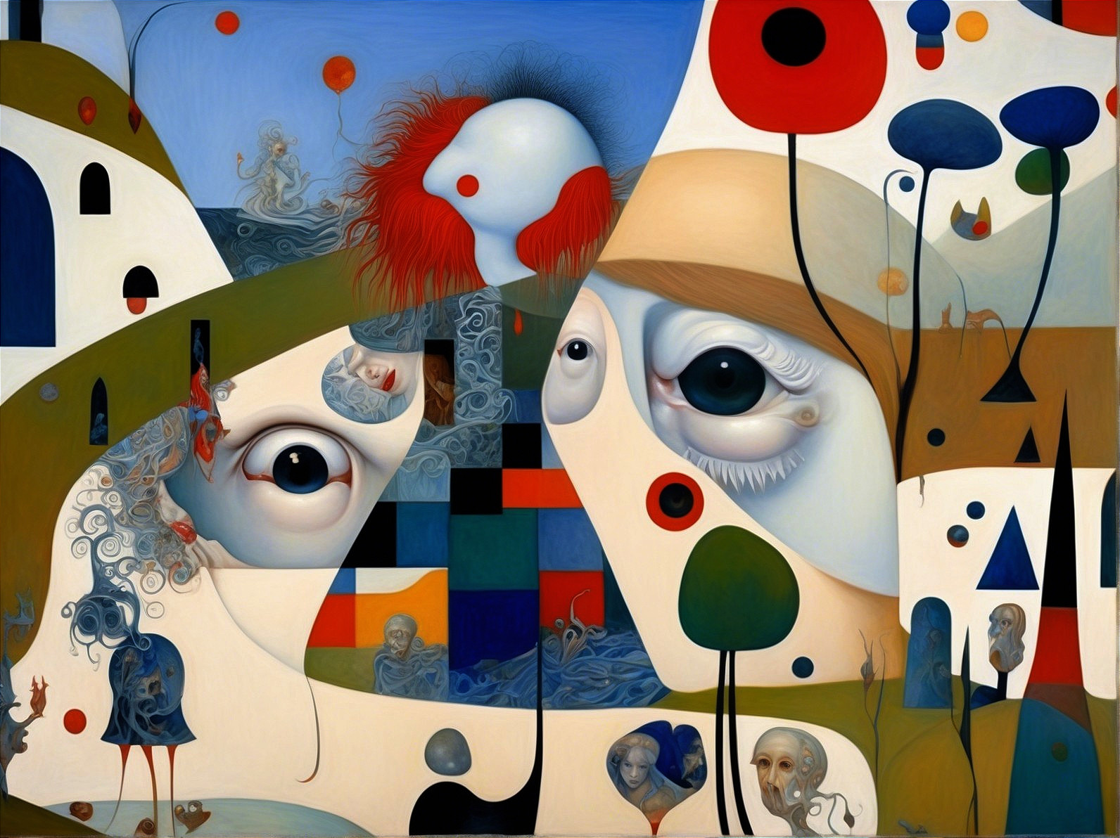 Surrealist painting with abstract shapes and faces