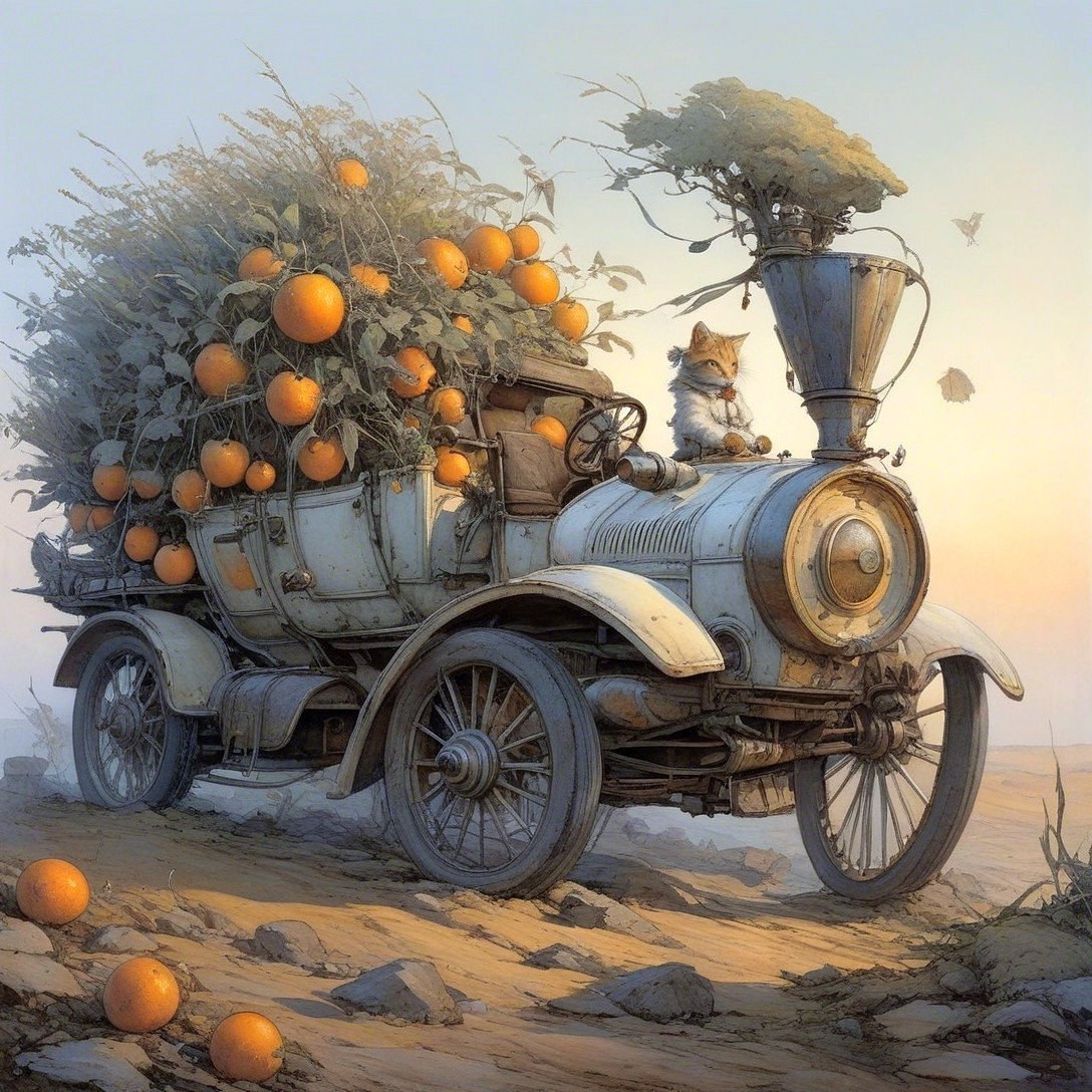 Vintage Car as Whimsical Fruit Cart with Fox