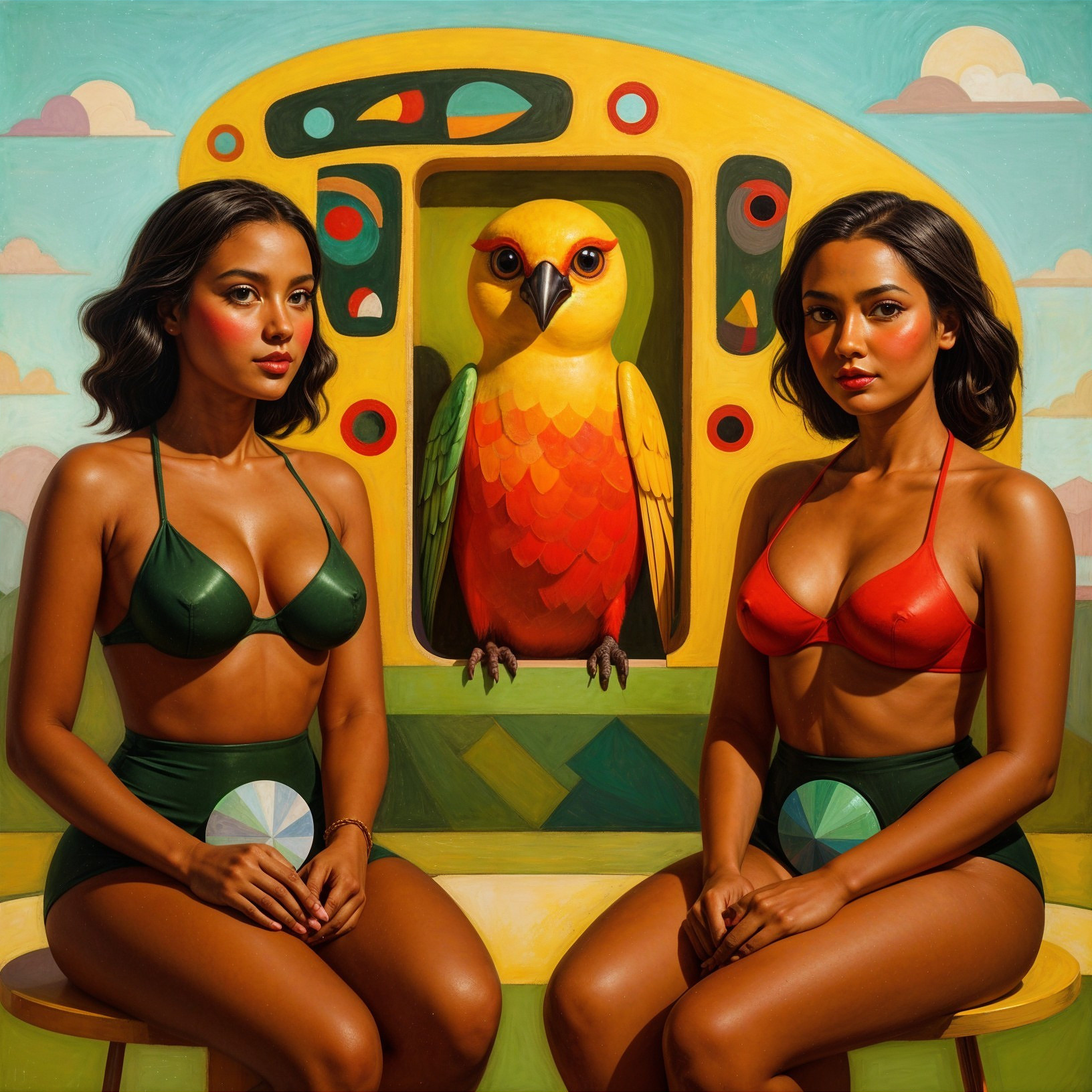 Women in Contrasting Swimsuits with Colorful Bird