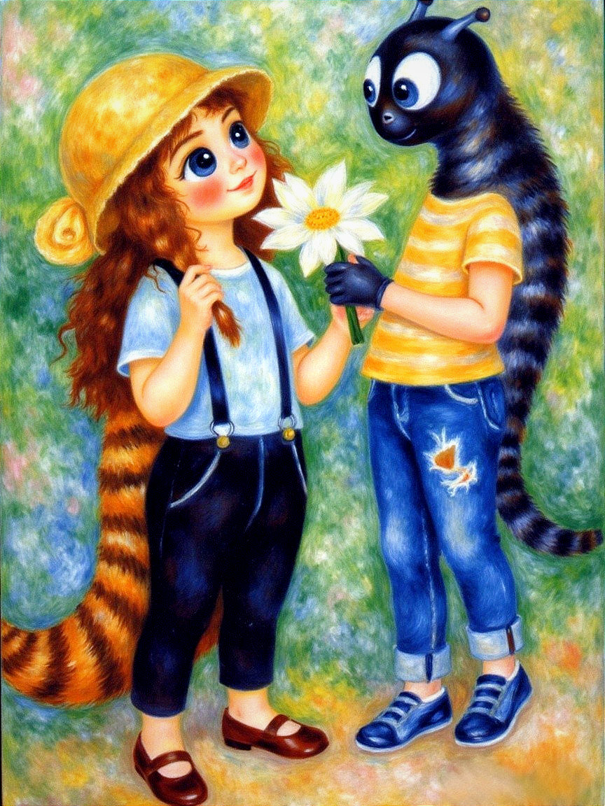 Whimsical Painting of a Girl with a Daisy and Creature