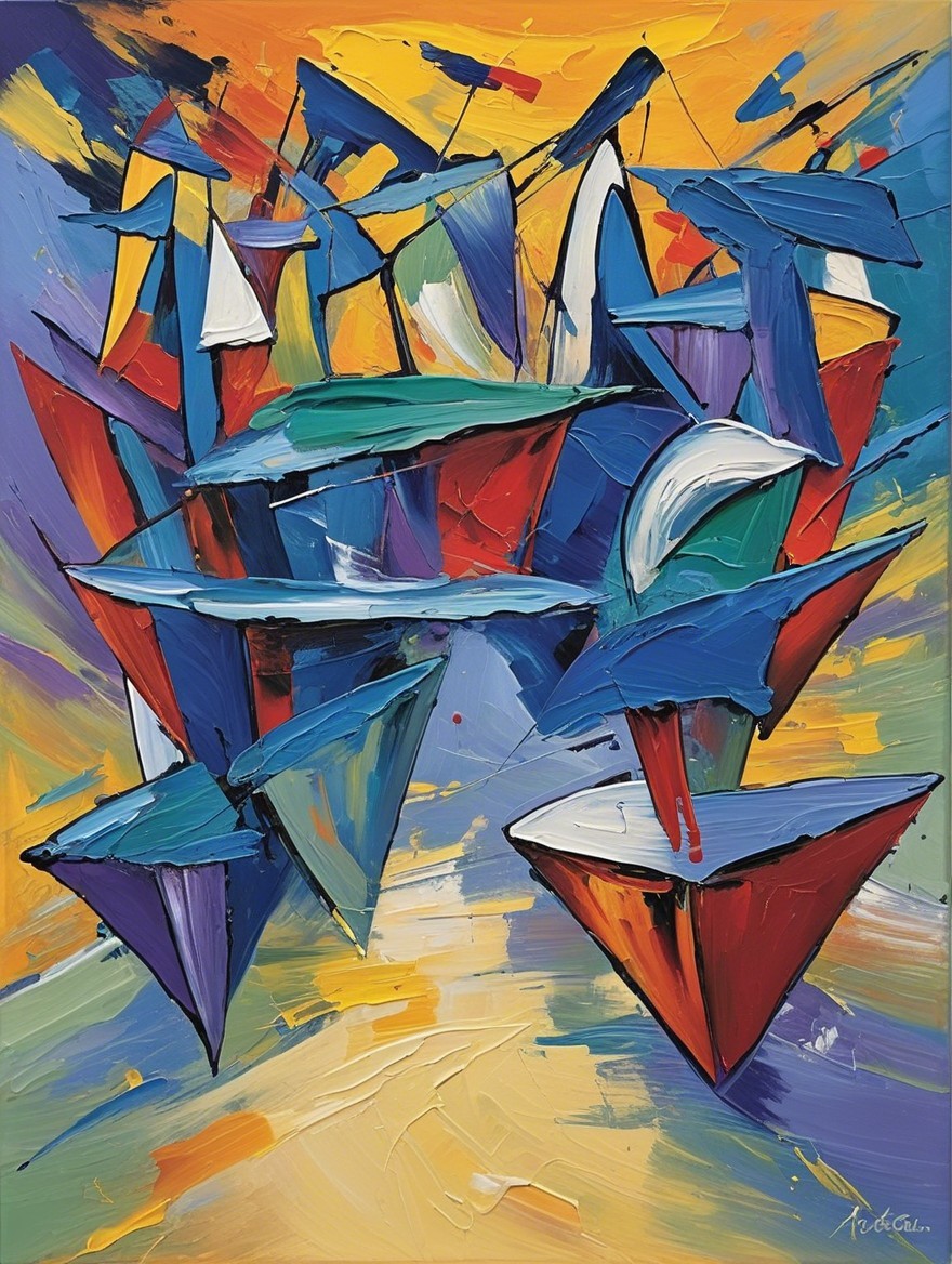 Abstract Painting of Vibrant Boats in Bold Colors