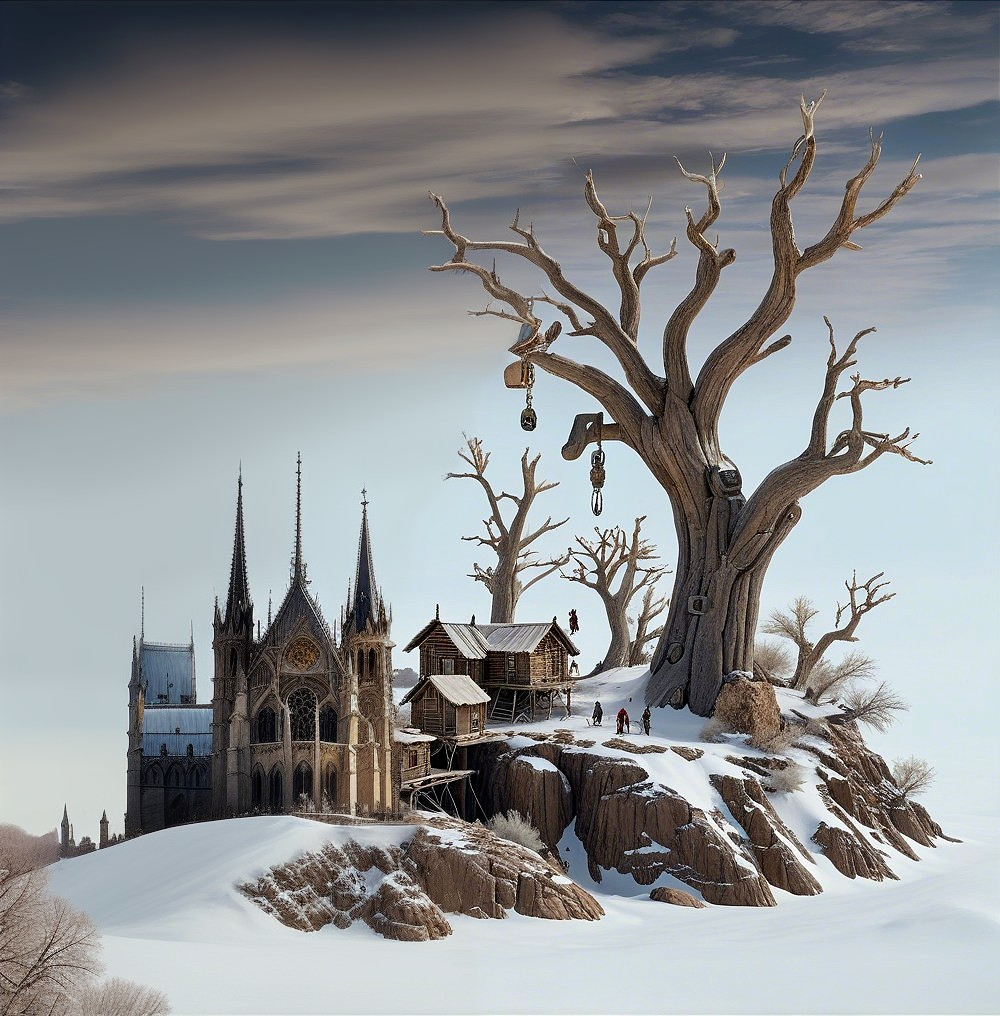Gothic Cathedral in a Winter Landscape with a Cabin