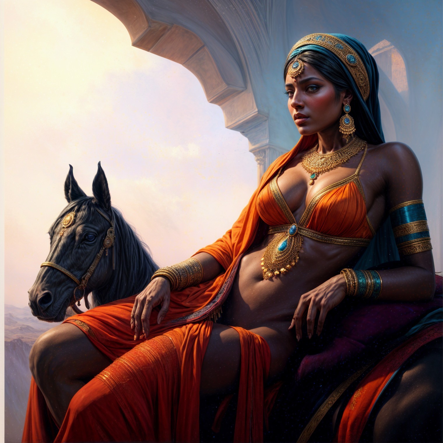 Regal Woman in Orange Attire with Majestic Horse