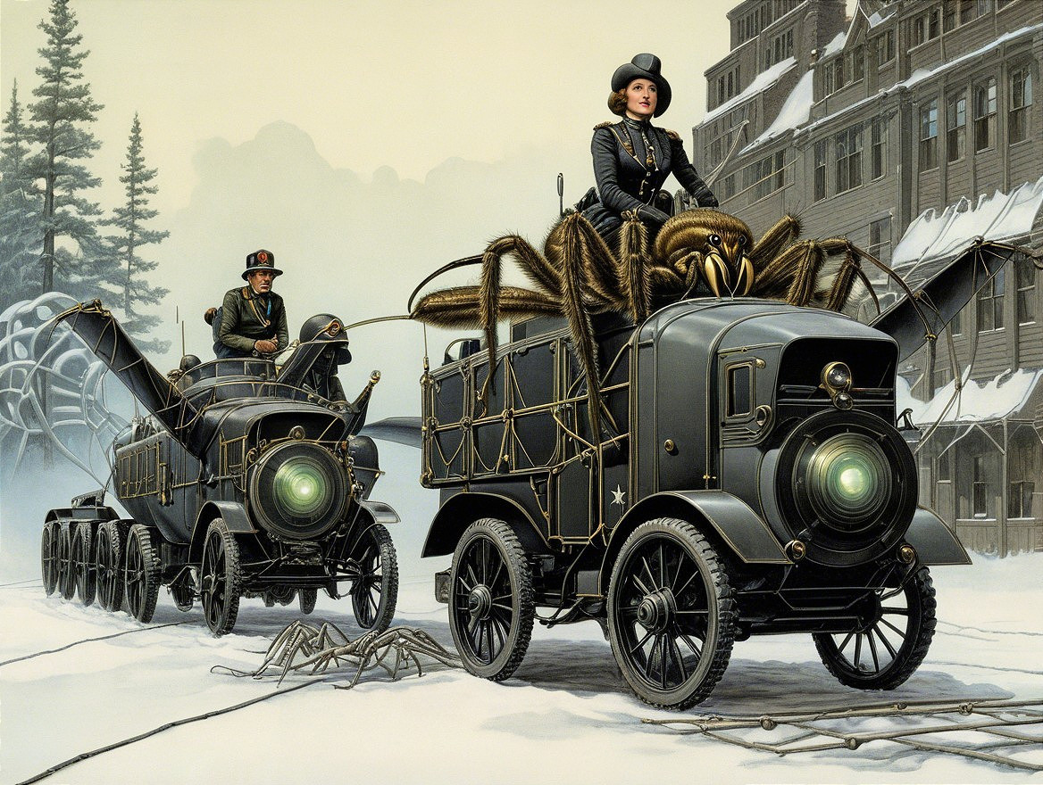 Vintage Trucks with Spiders in a Snowy Landscape