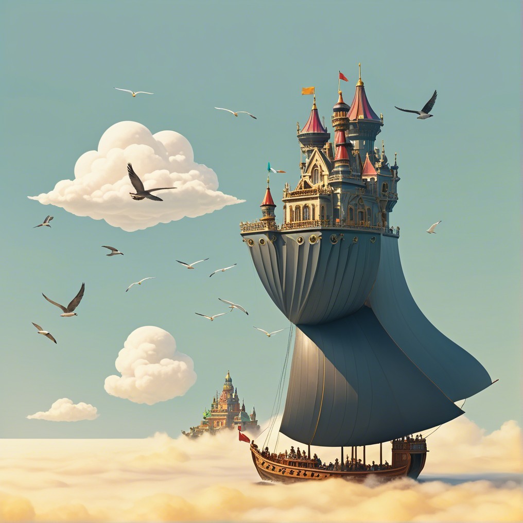 Flying ship resembling a castle in a cloud-filled sky