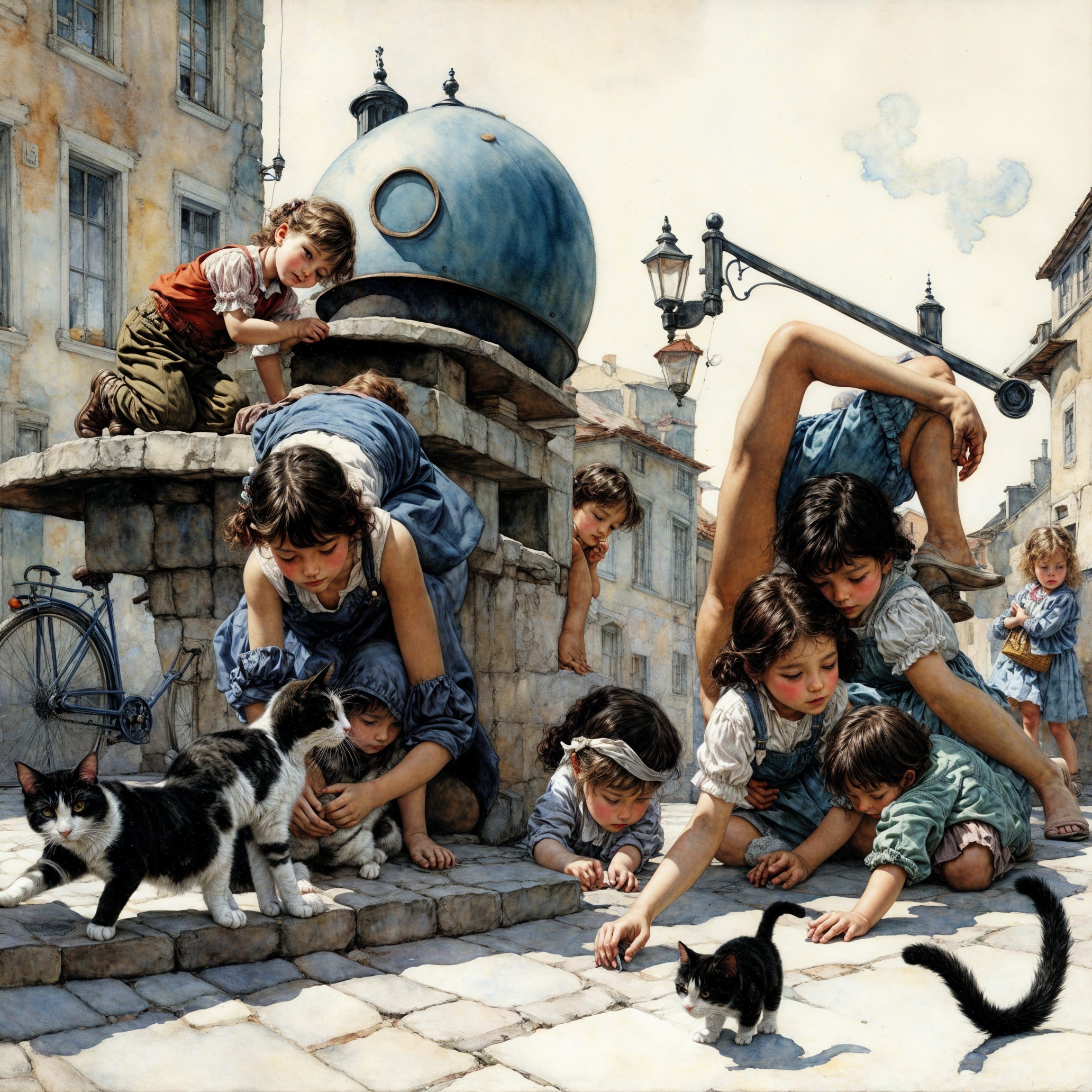 Children Playing Around a Vintage Fountain Scene