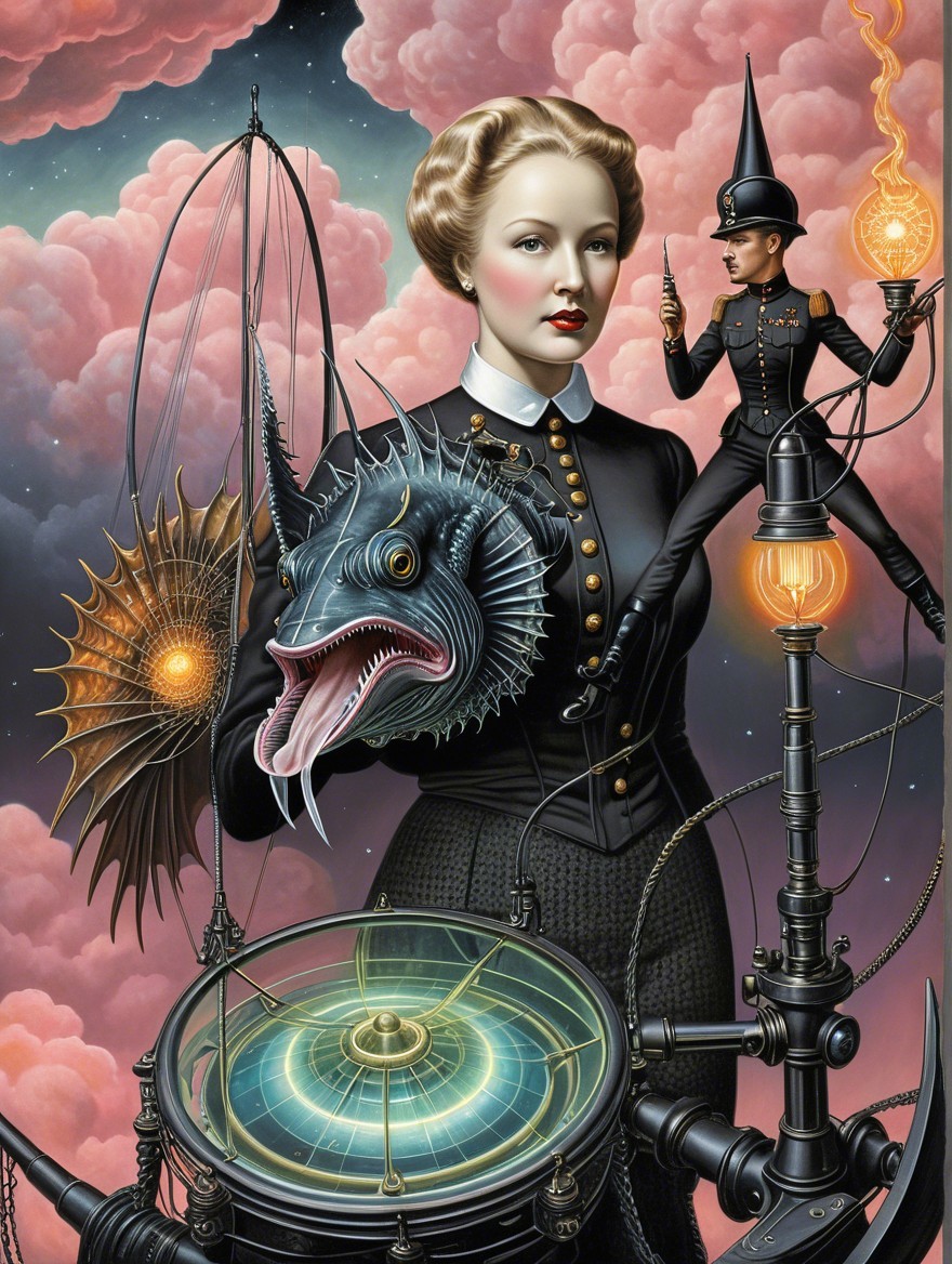 Steampunk Scene with Woman, Fish, and Miniature Figure
