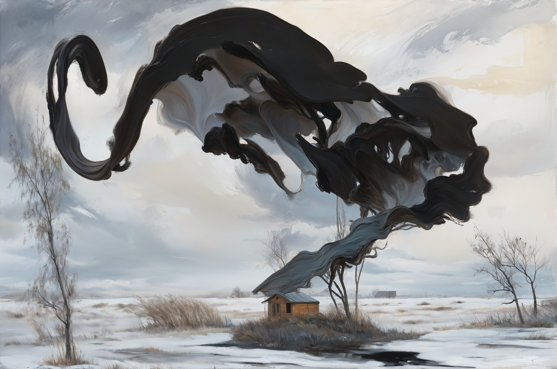 Wooden Cabin in a Snowy Winter Landscape with Clouds