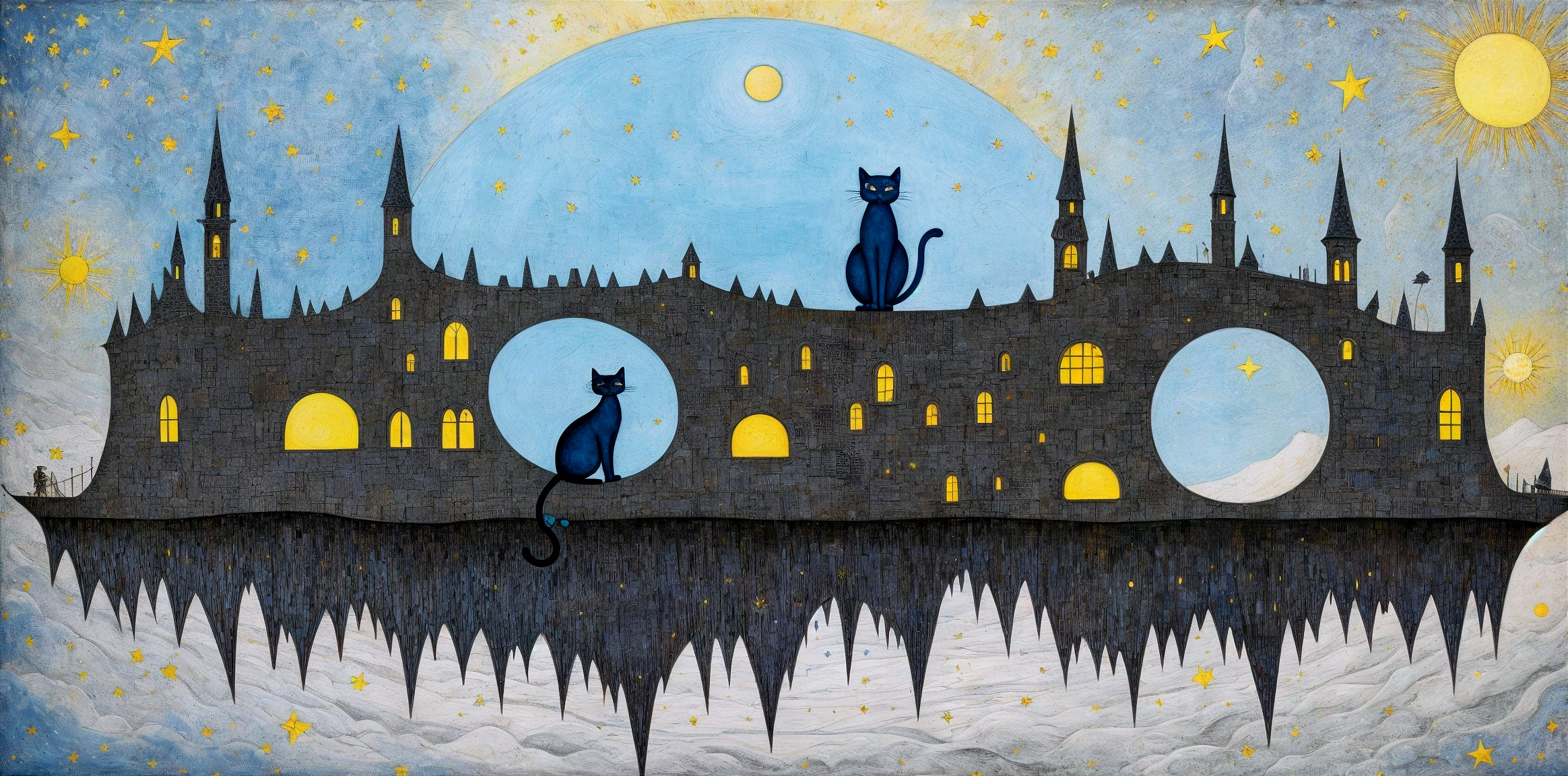 Surreal Landscape with Castle and Cats at Twilight