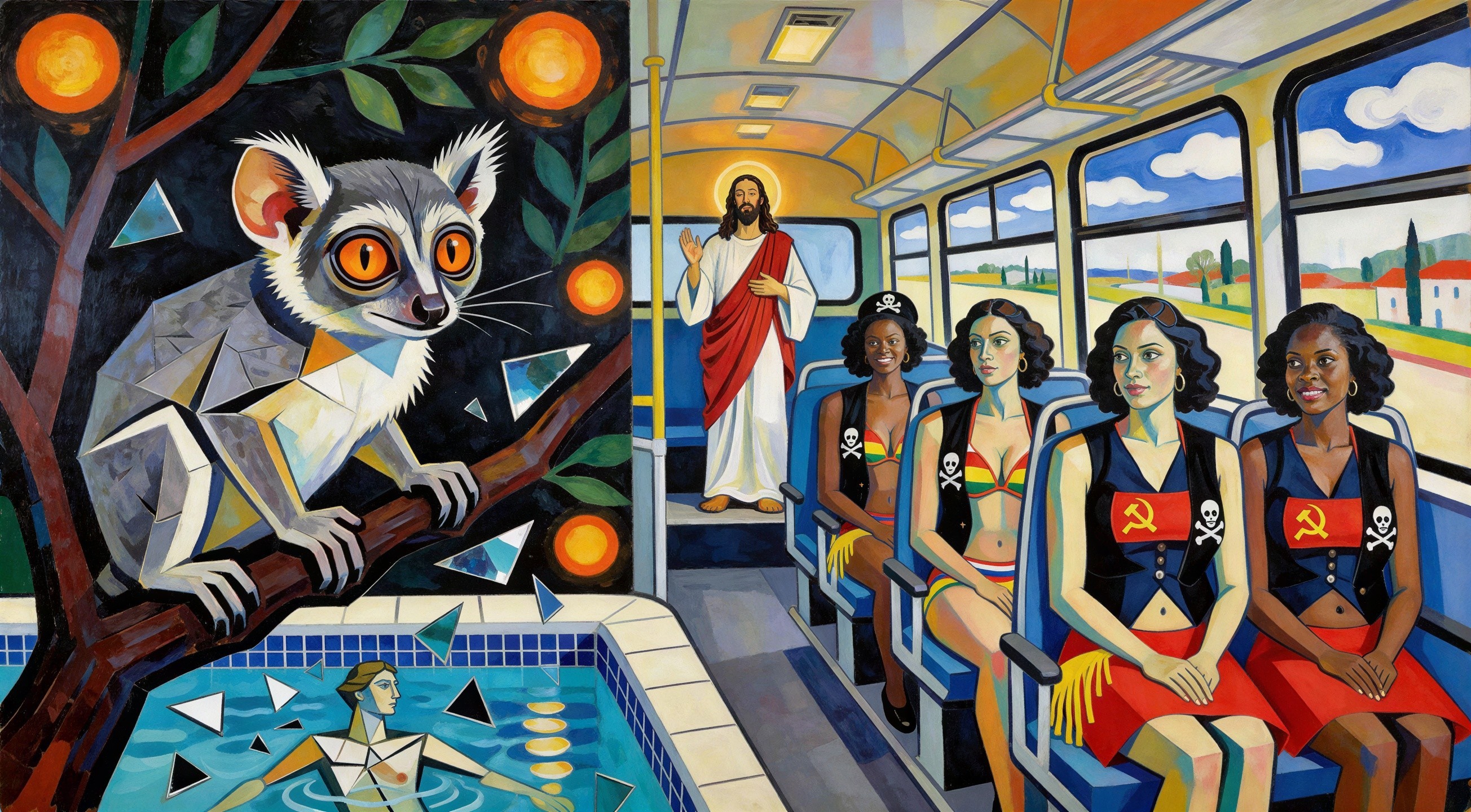 Art Deco Painting Featuring Ring-Tailed Lemur Scene