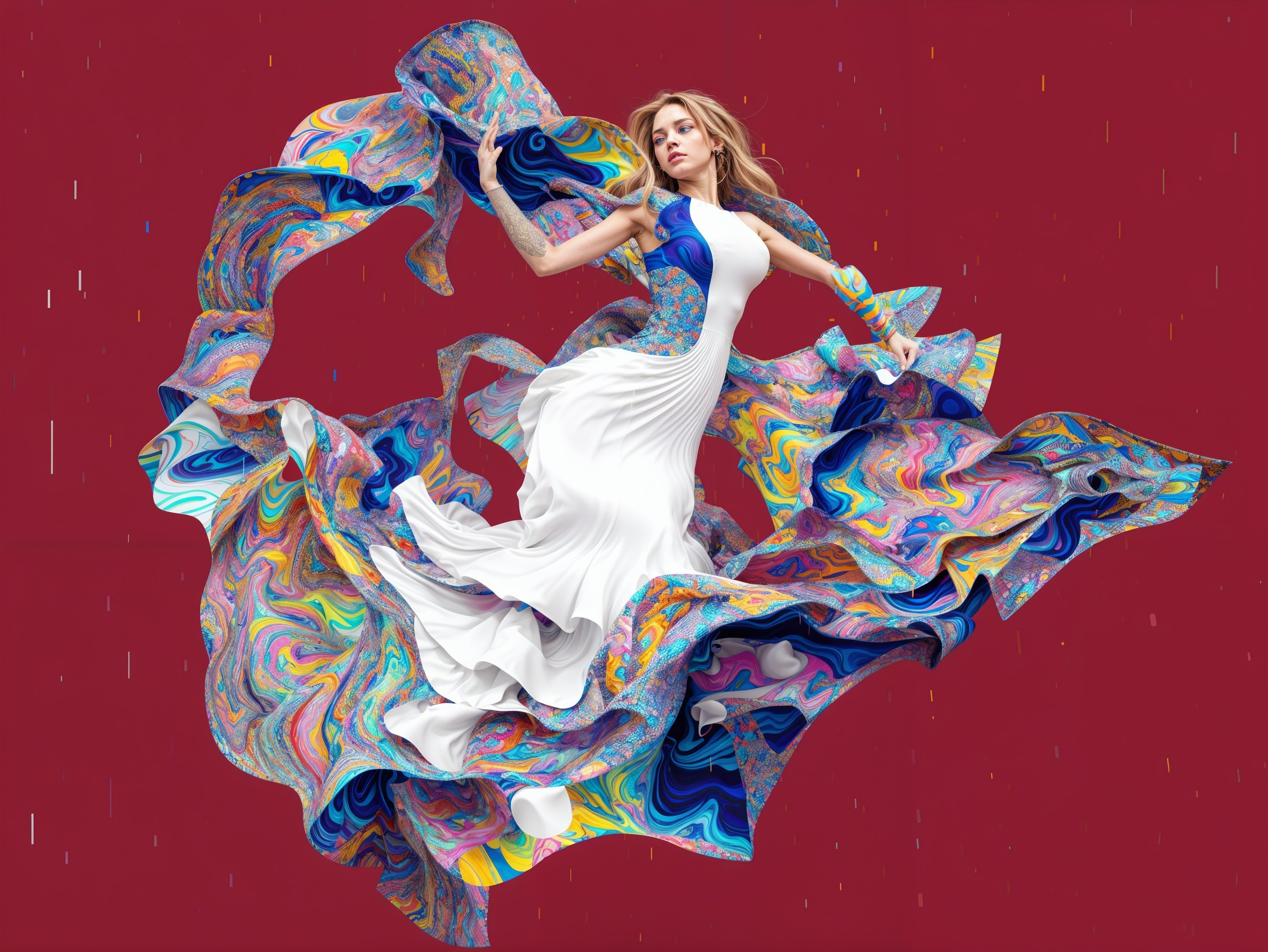 Model in Flowing Gown Against Rich Red Backdrop