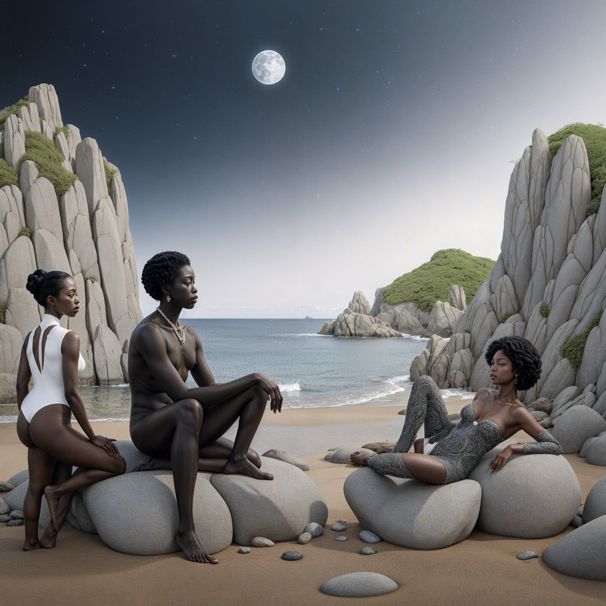 Elegantly Posed Figures on a Serene Beach Scene