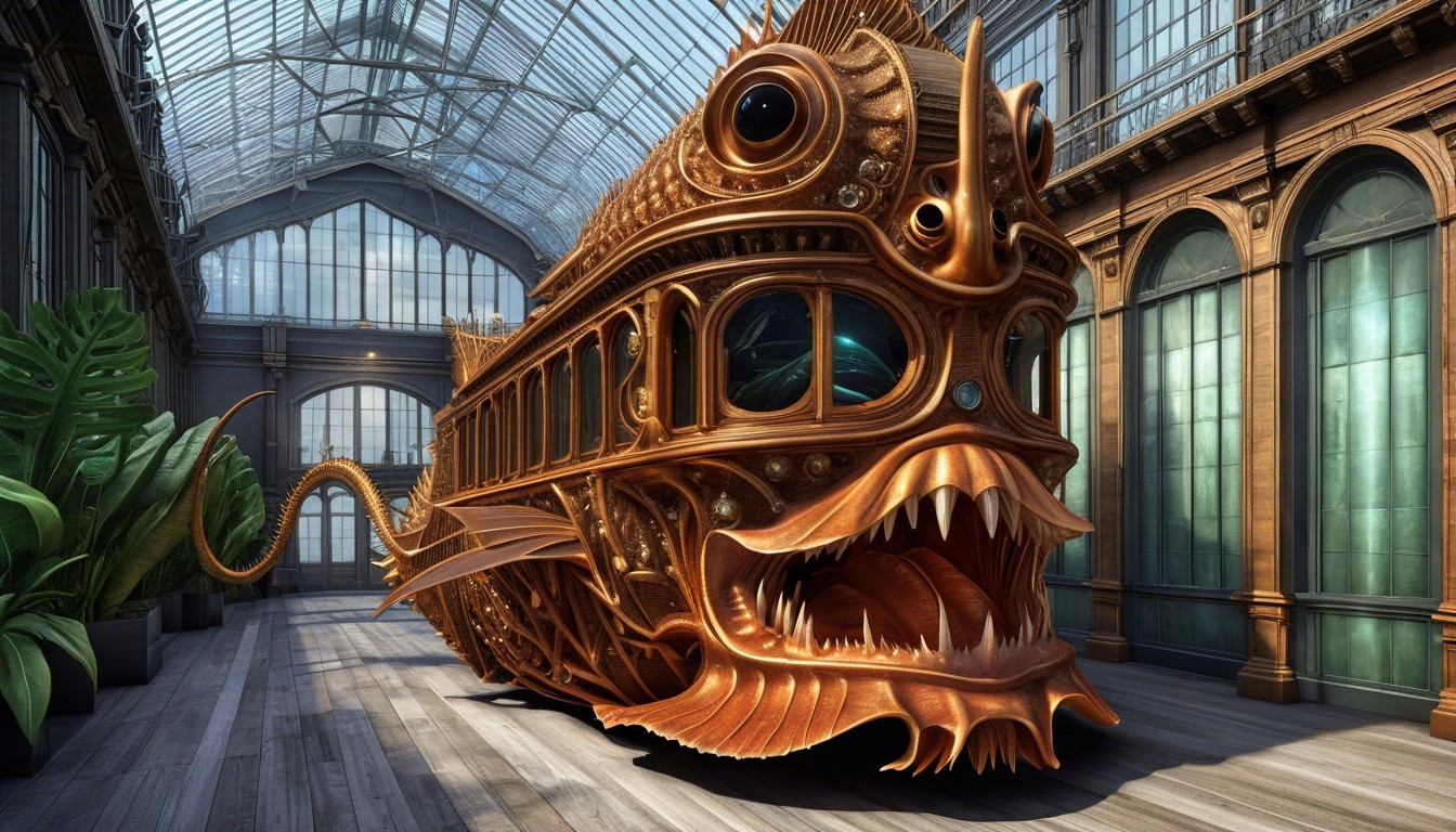 Giant Fish-Inspired Vehicle in Lush Greenhouse Setting