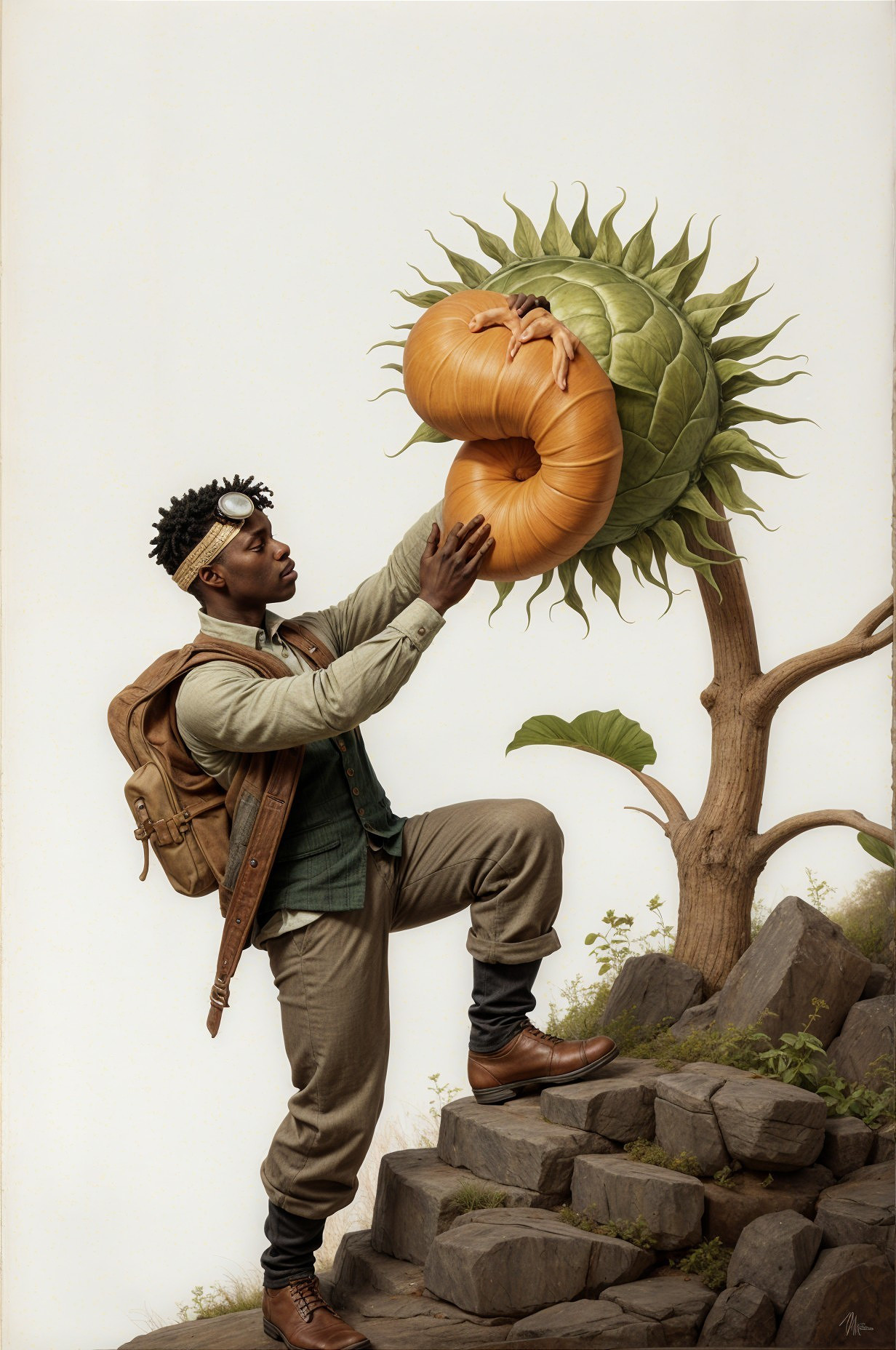 Young Man in Vintage Attire with Oversized Sunflower