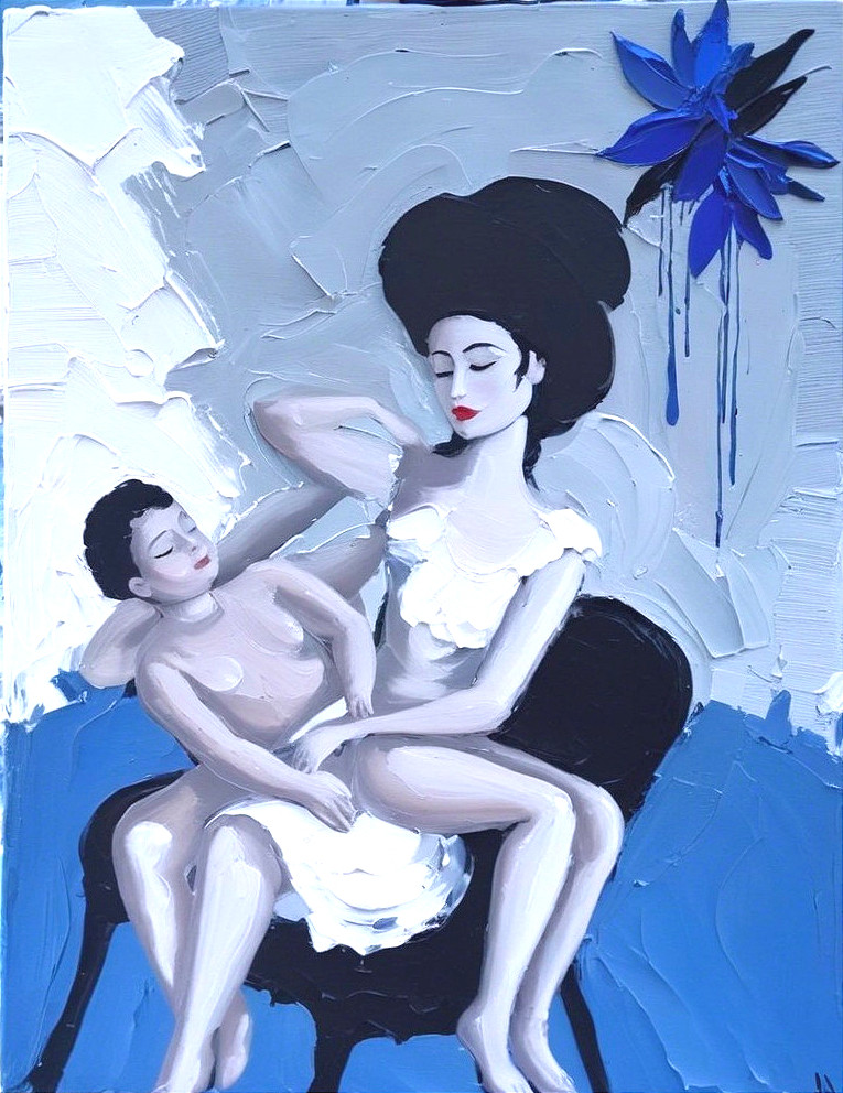 Stylized Painting of Seated Woman and Child Embrace