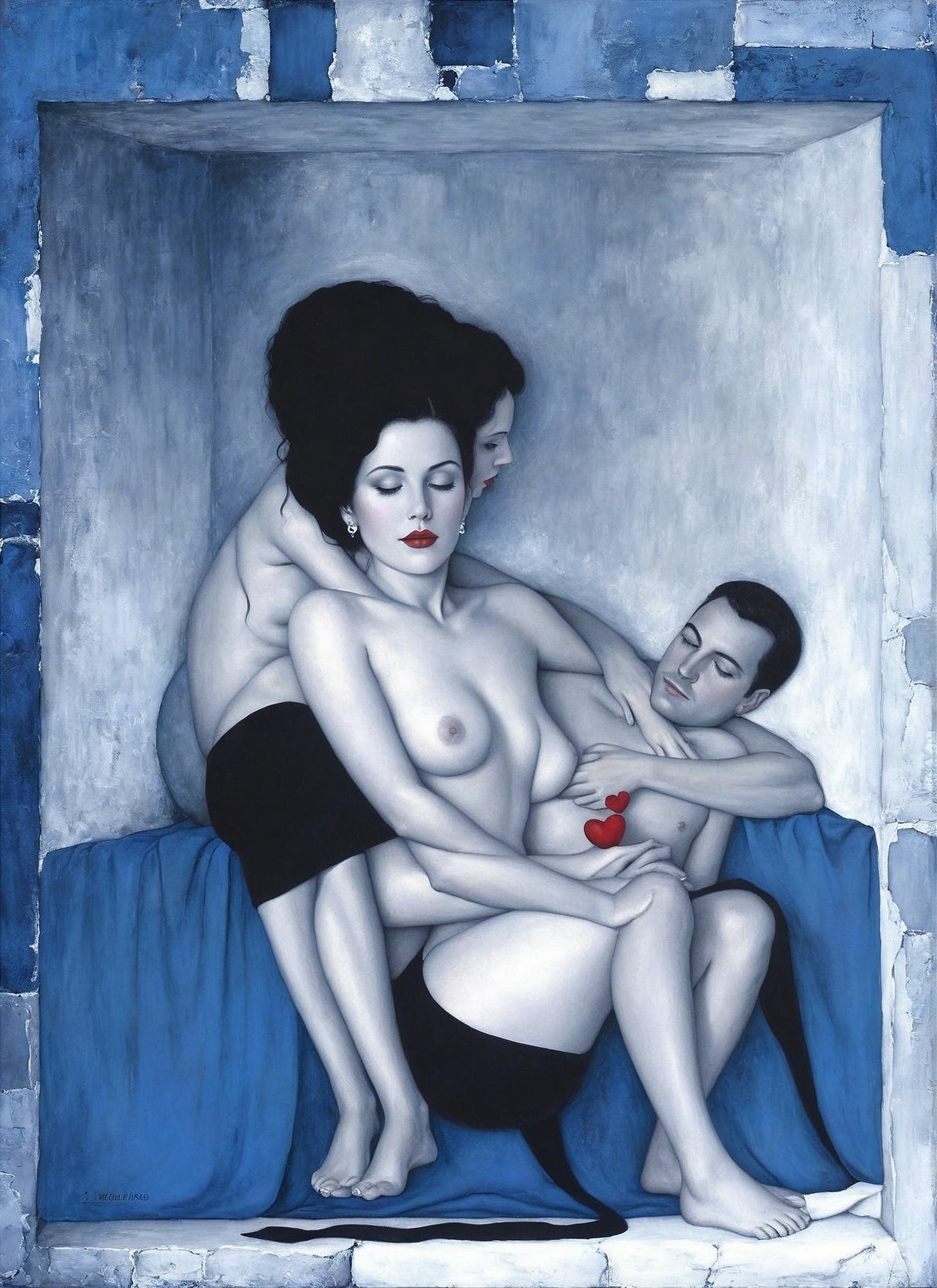 Three Figures in Blue and Gray with Heart Symbol
