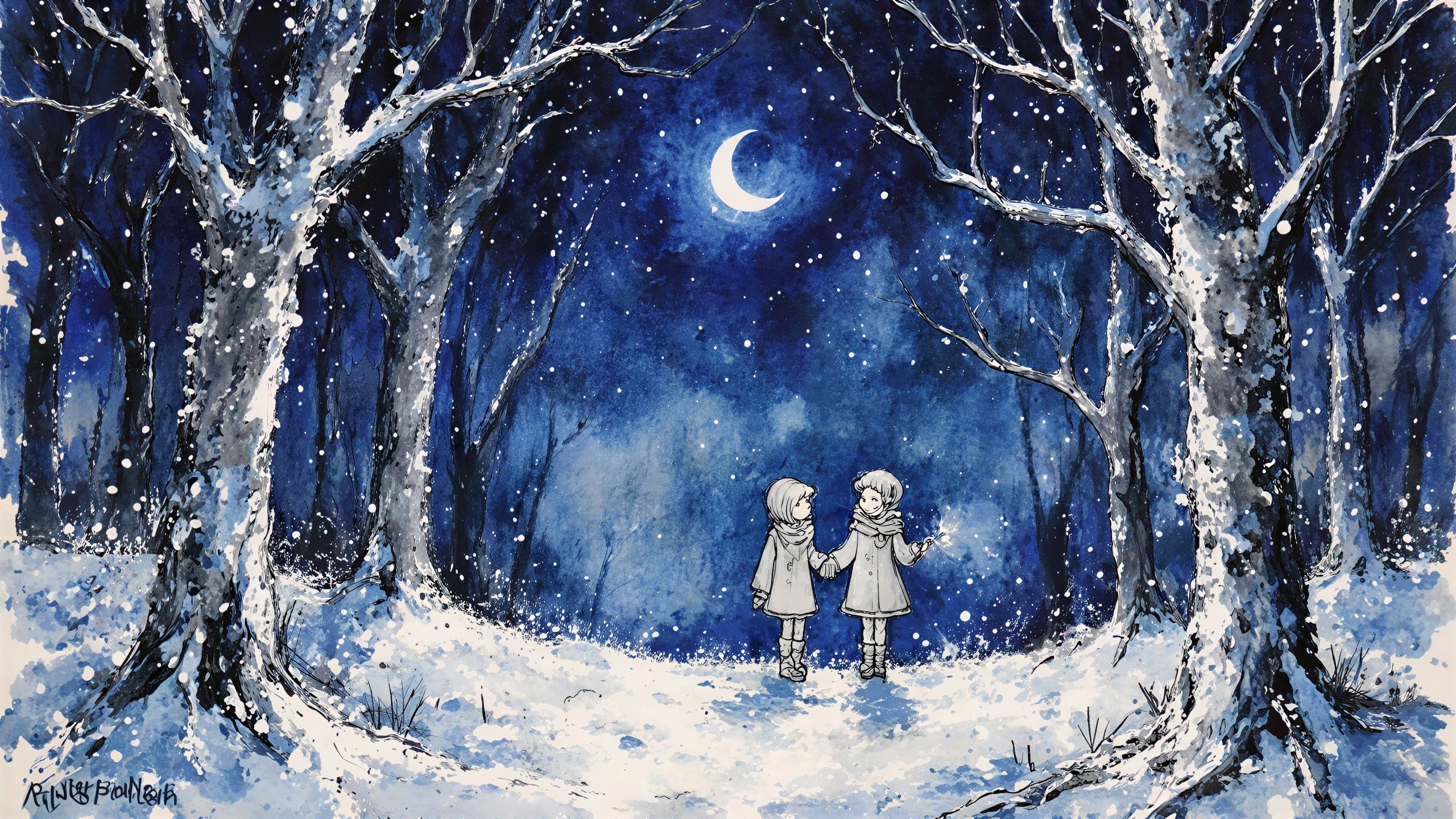 Mystical Watercolor of Children in Snowy Forest at Night