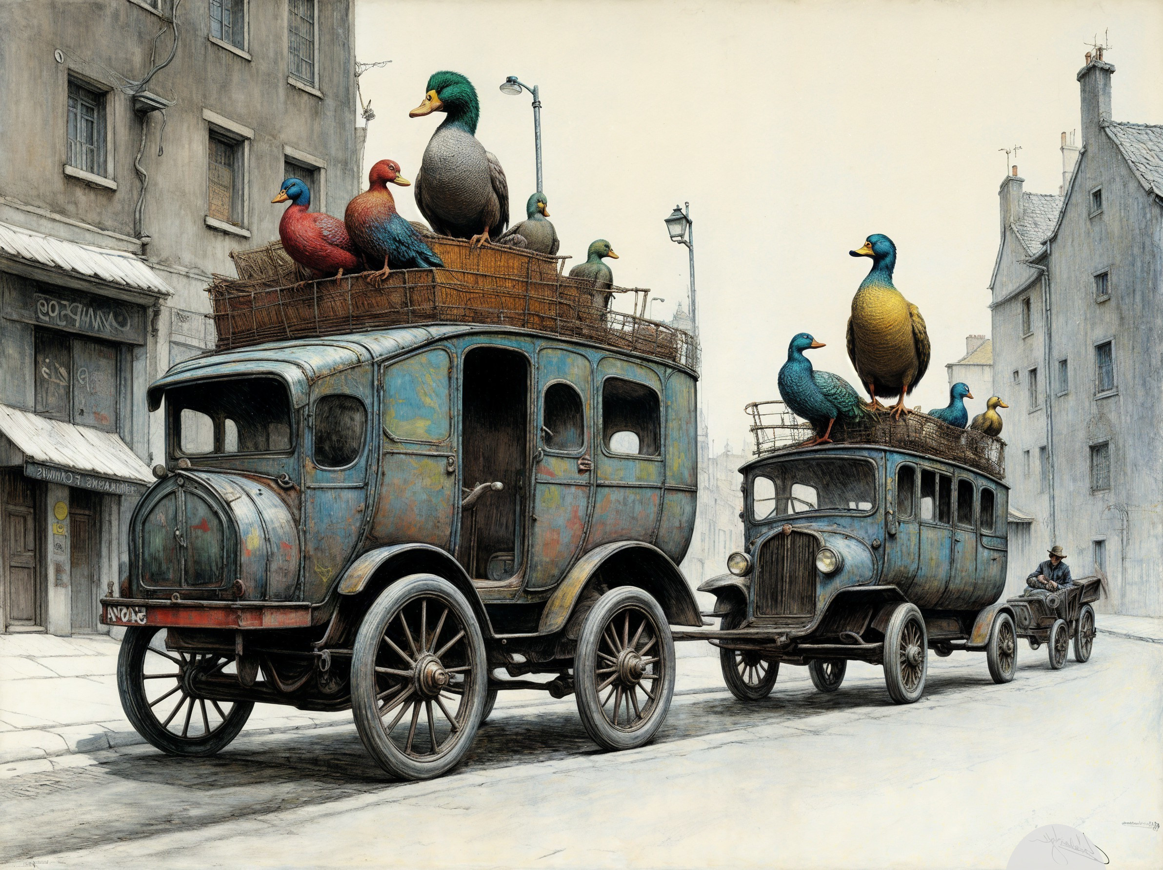 Vintage Cars with Colorful Ducks in Urban Setting