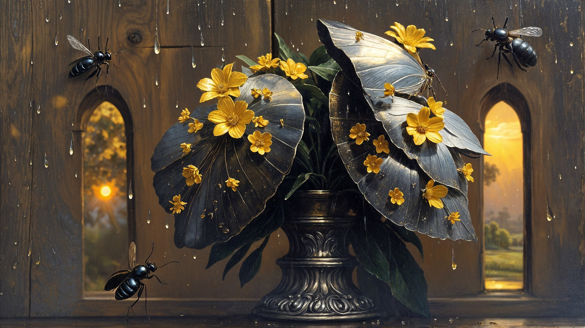 Metallic Flower Arrangement with Bees and Sunlight