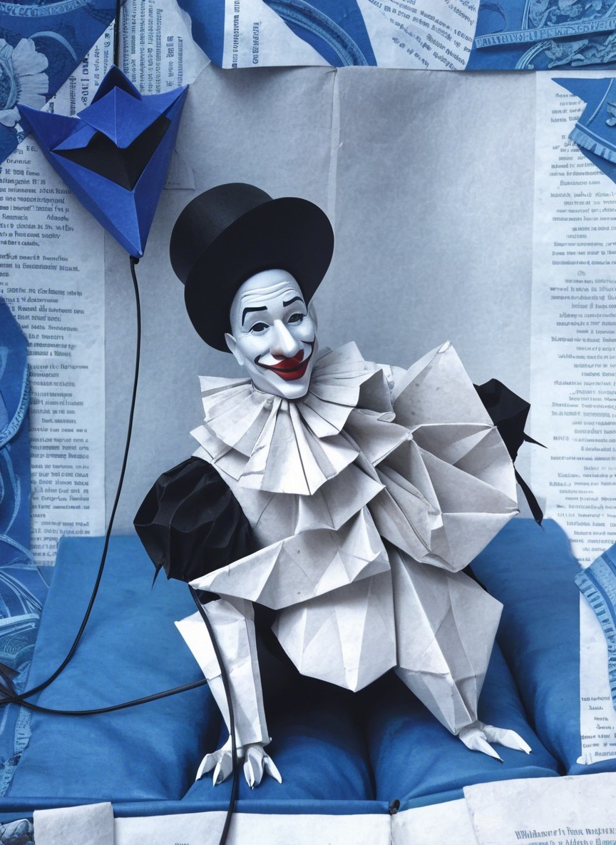 Whimsical Origami Clown on Blue Cushion with Balloon