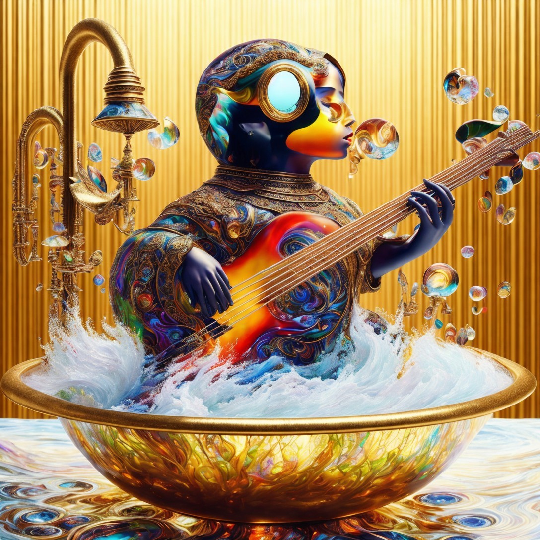 Whimsical Figure Playing Guitar in Colorful Water