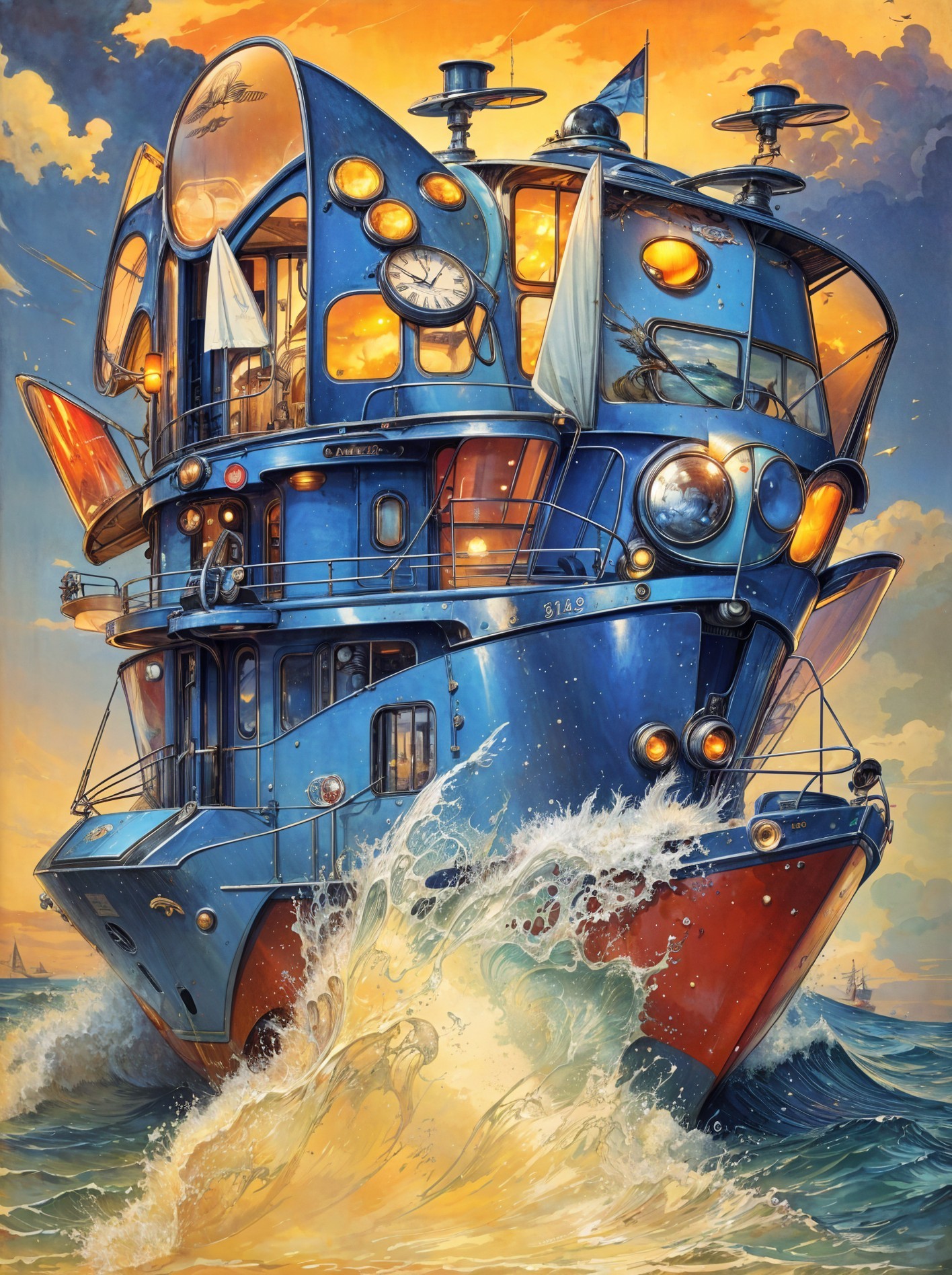 Steampunk-style boat with colorful sails and clock details