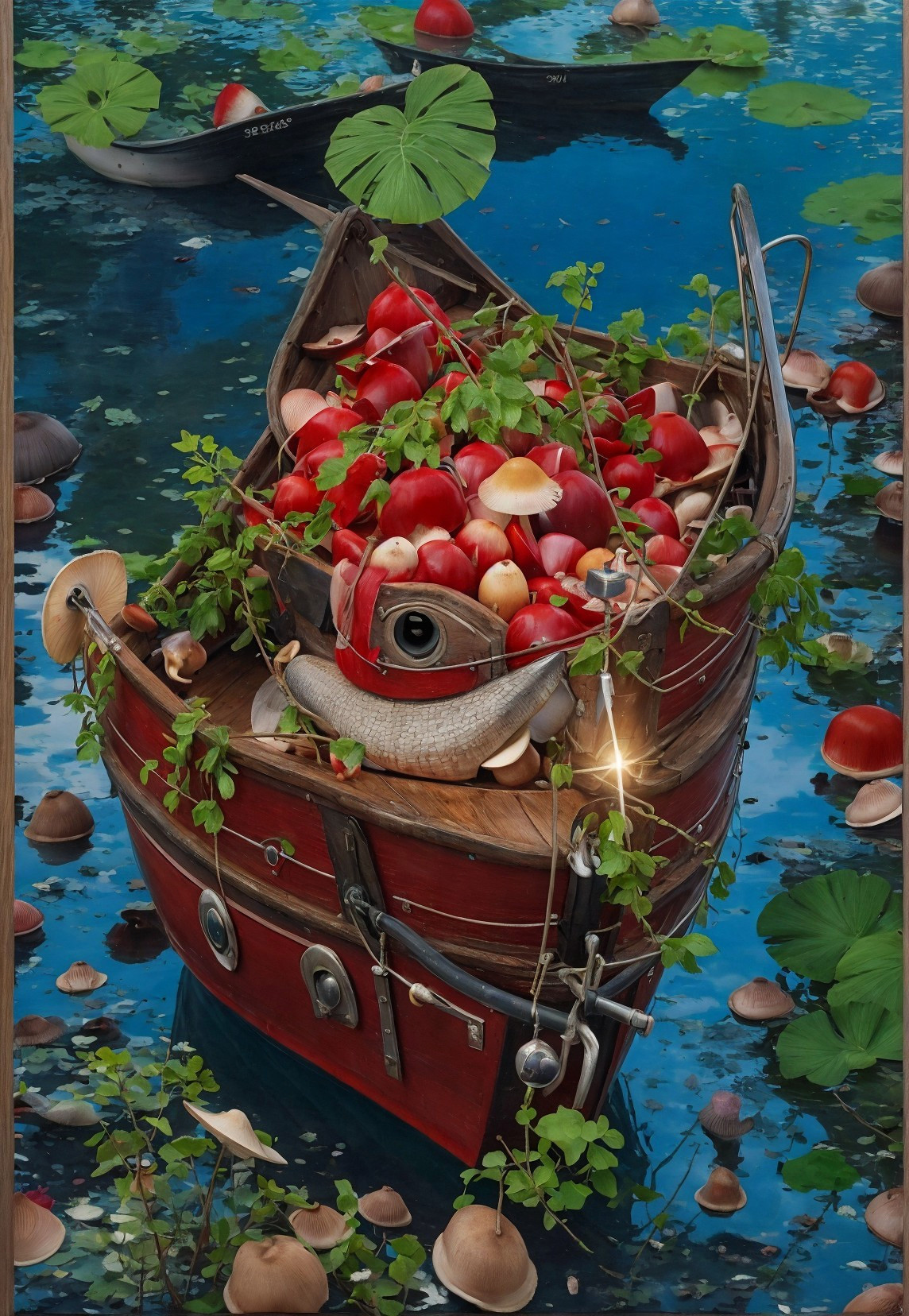 Whimsical Oil Painting of Boat with Apples and Mushrooms